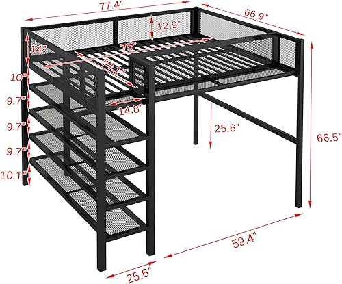 Miniatura 2 de CITYLIGHT Base de cama tipo loft de tamaño matrimonial con estantes de almacenamiento de 4 niveles, camas altas de metal resistente con escaleras y