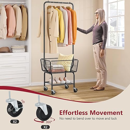 Miniatura 4 de Tajsoon Carrito de lavandería con estante para colgar, cesta de lavandería de metal con ruedas, cesta de lavandería con cesta de almacenamiento y