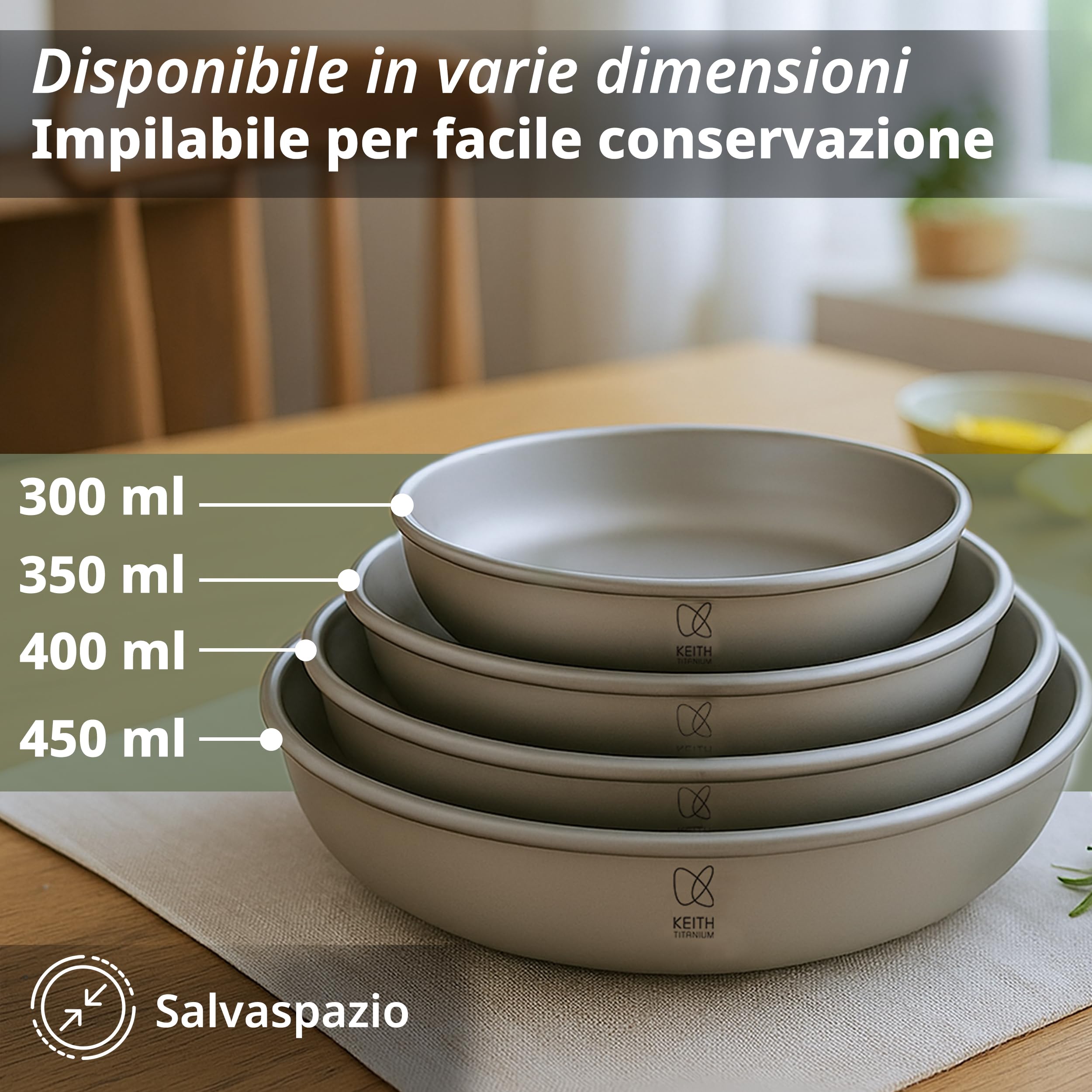 Keith Piatti Titanium - Piatti da campeggio leggeri con bordi arrotolati, design impilabile, resistenti alla corrosione, ideali per cene all'aperto, campeggio, snack e pasti (450 ml)