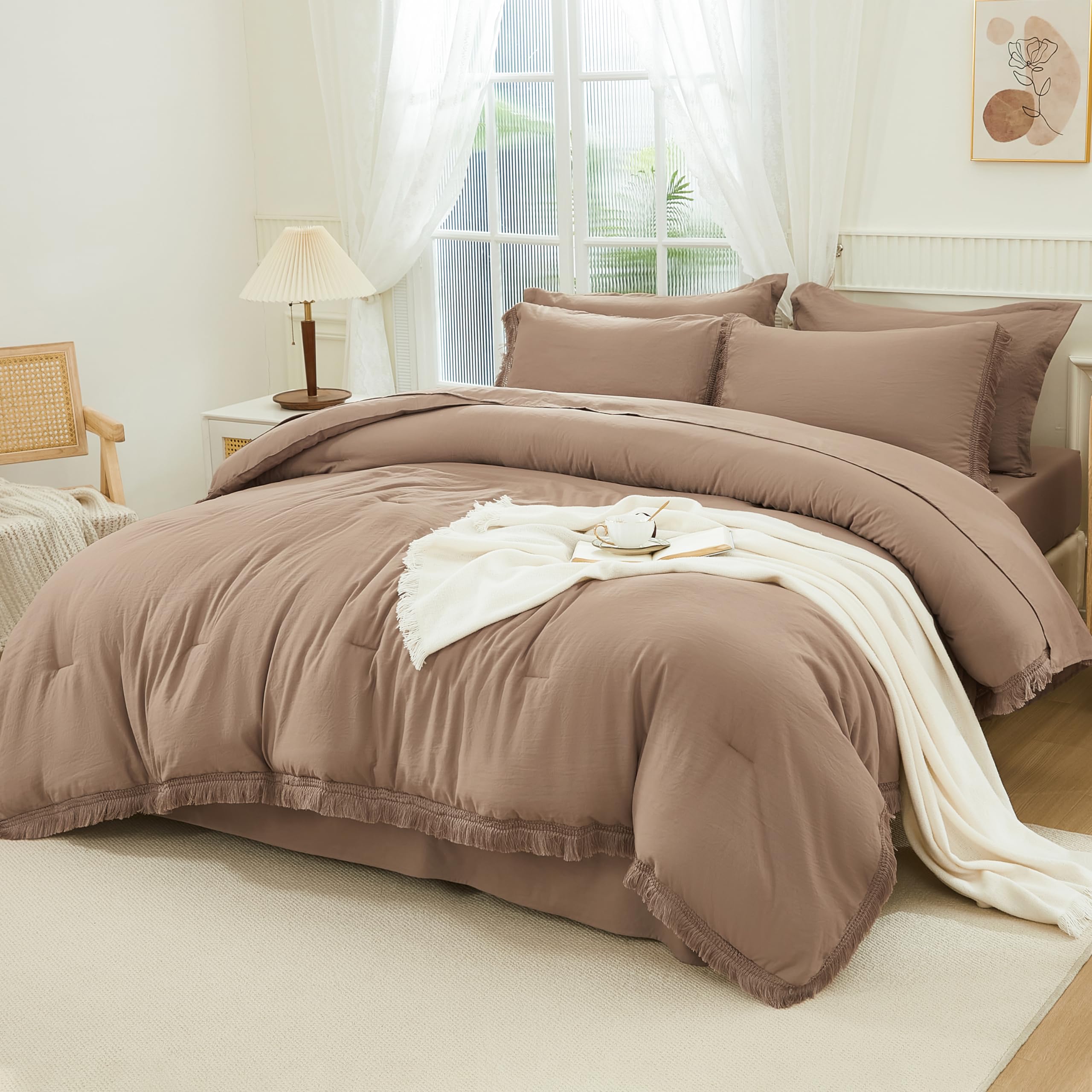 Photo 1 of Andency Taupe Queen Size Comforter Set with Sheets - 7 Pieces Boho Tassel Bed in a Bag Soft Lightweight Bedding Sets, Taupe Fringe Bed Set with Comforter, Sheets, Pillowcases & Shams Queen(90"x90") 08 - Taupe