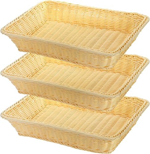 Yarlung Paquete de 3 cestas de pan tejidas, 16 x 12 pulgadas, cestas de frutas de mimbre de polietileno de imitación para servir alimentos,