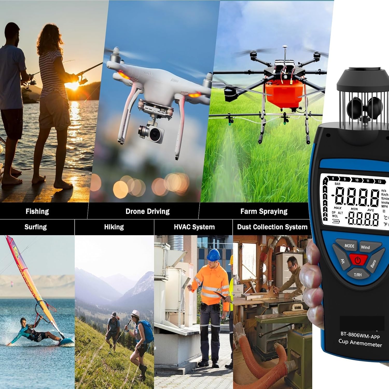 with Backlit & Mobile App Connectivity Handheld Anemometer BT-8806-WM-APP Altitude Speed Test Instruments Tool