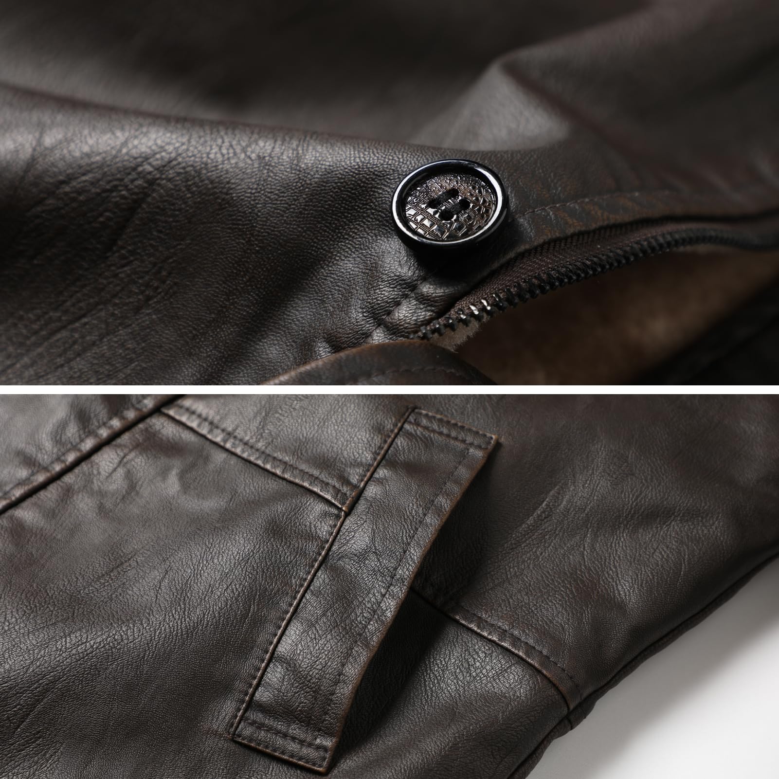 Cazadora Cuero Hombre, Talla Grande de Solapa Cazadora Cuero Invierno Larga Cálido Chaqueta Cuero Chaqueta Polipiel con Guantes de Cuero