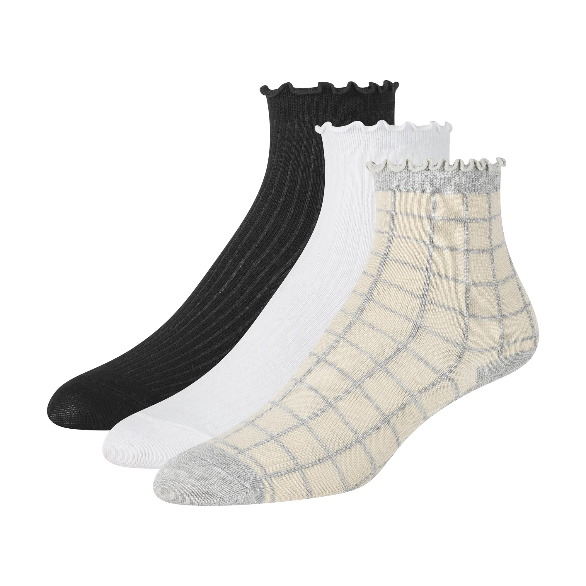 Ted Baker Women's 3 Pack Ruffle Anklet Socks, Medium Grey, OS, Grey Heather/White/Black, One size