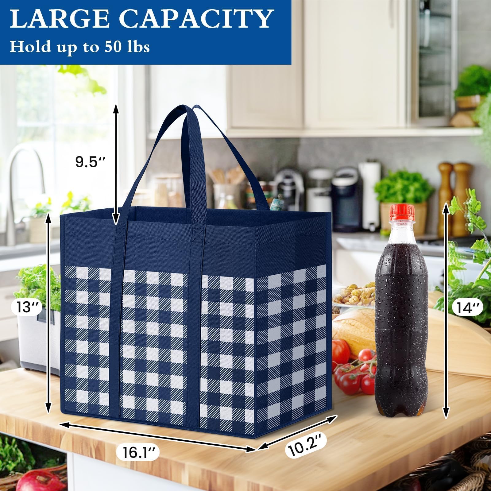 WISELIFE Bolsas de compras reutilizables para comestibles, paquete de 10 bolsas grandes plegables a granel, bolsas de productos ecológicos con mango largo para compras y ropa (cuadros A)