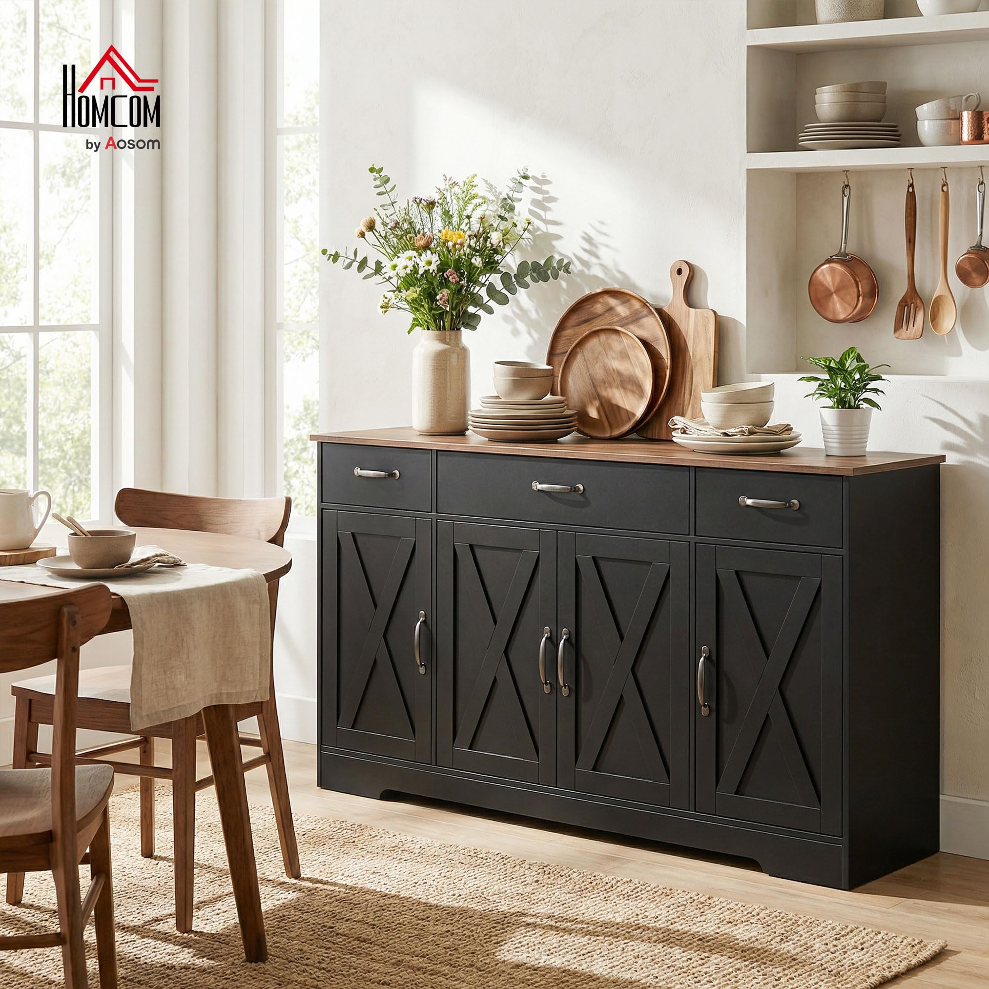 HOMCOM Sideboard Buffet Cabinet, 55" Farmhouse Kitchen Storage Cabinet with 4 Barn Doors, 3 Drawers, 3 Adjustable Shelves, Coffee Bar Station, TV Stand for TVs up to 60 Inch, Black - 3
