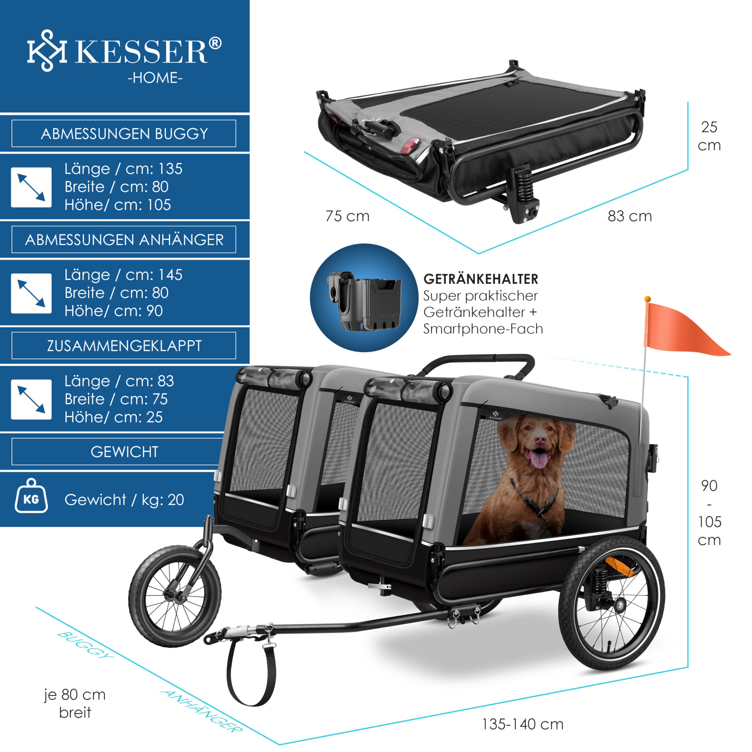 KESSER® Hundeanhänger Boxer 3-in-1 Hundebuggy & Jogger Fahrradanhänger groß ca. 240 Liter Volumen, gefedert, 360° Grad Vorderrad, 600D Oxford Canvas, SmartSpace Concept, maximale Belastbarkeit: 40 kg