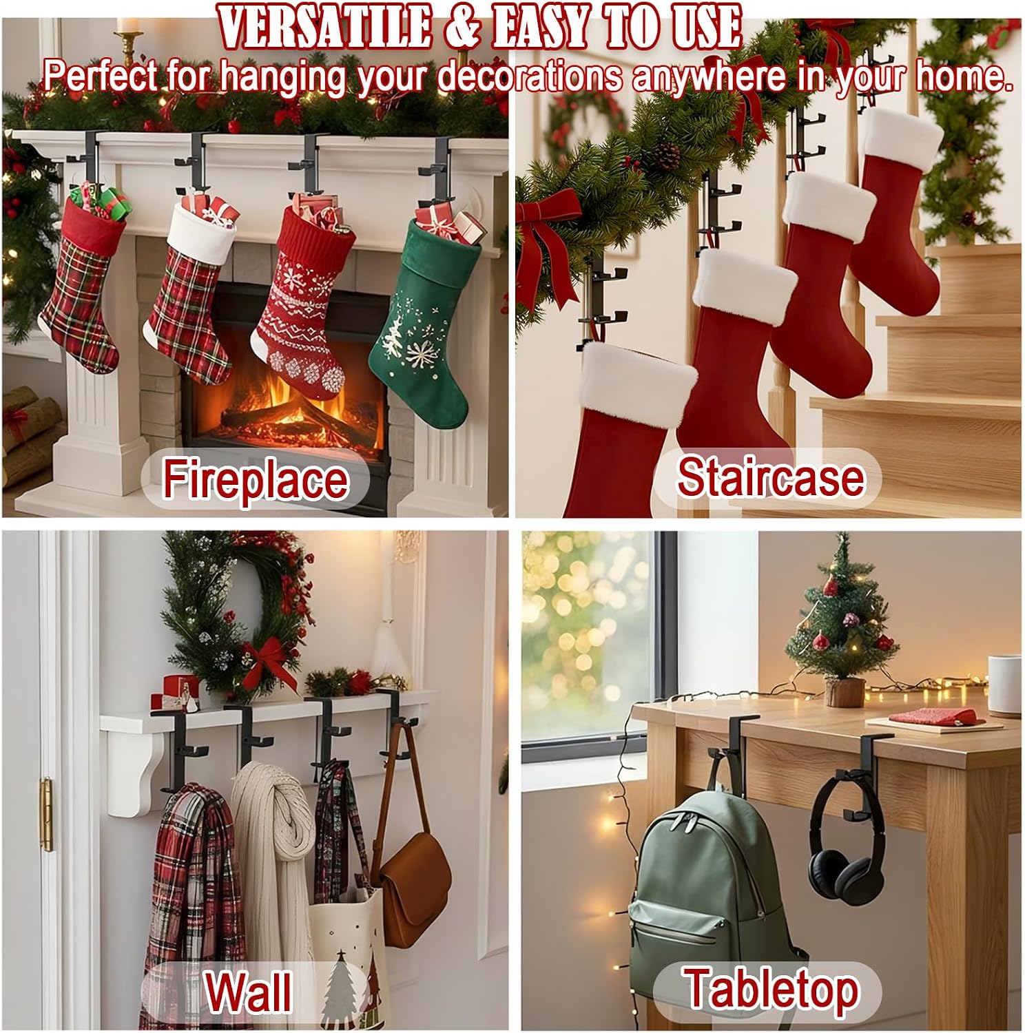 Christmas Garland and Stocking Hangers for Mantle, Adjustable 2 in 1 Mantel Stocking Holders with Foldable Double Hooks, Heavy Duty No Drill Fireplace Garland Hooks for Xmas Home Decoration