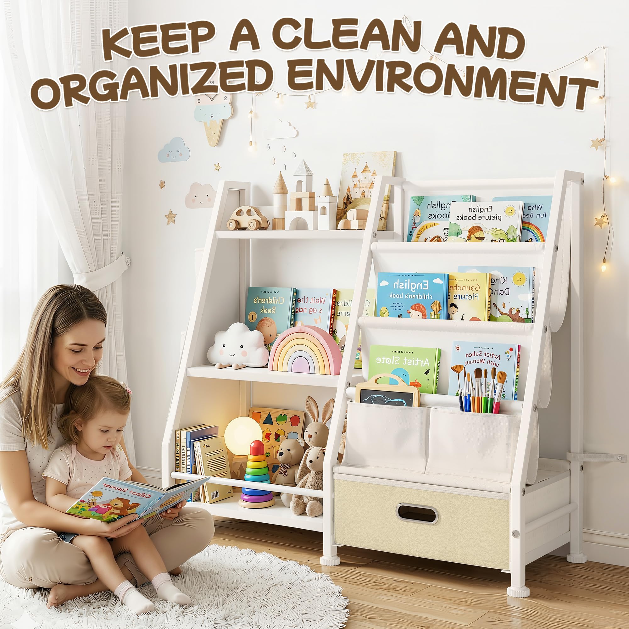 Kinderregal Kinderzimmer Weiß Offenen Aufbewahrungsregal: Kinder Bücherregal mit 3 Offenen Fächer - Spielzeug Regal mit 1 Aufbewahrungsboxen für Spielzimmer