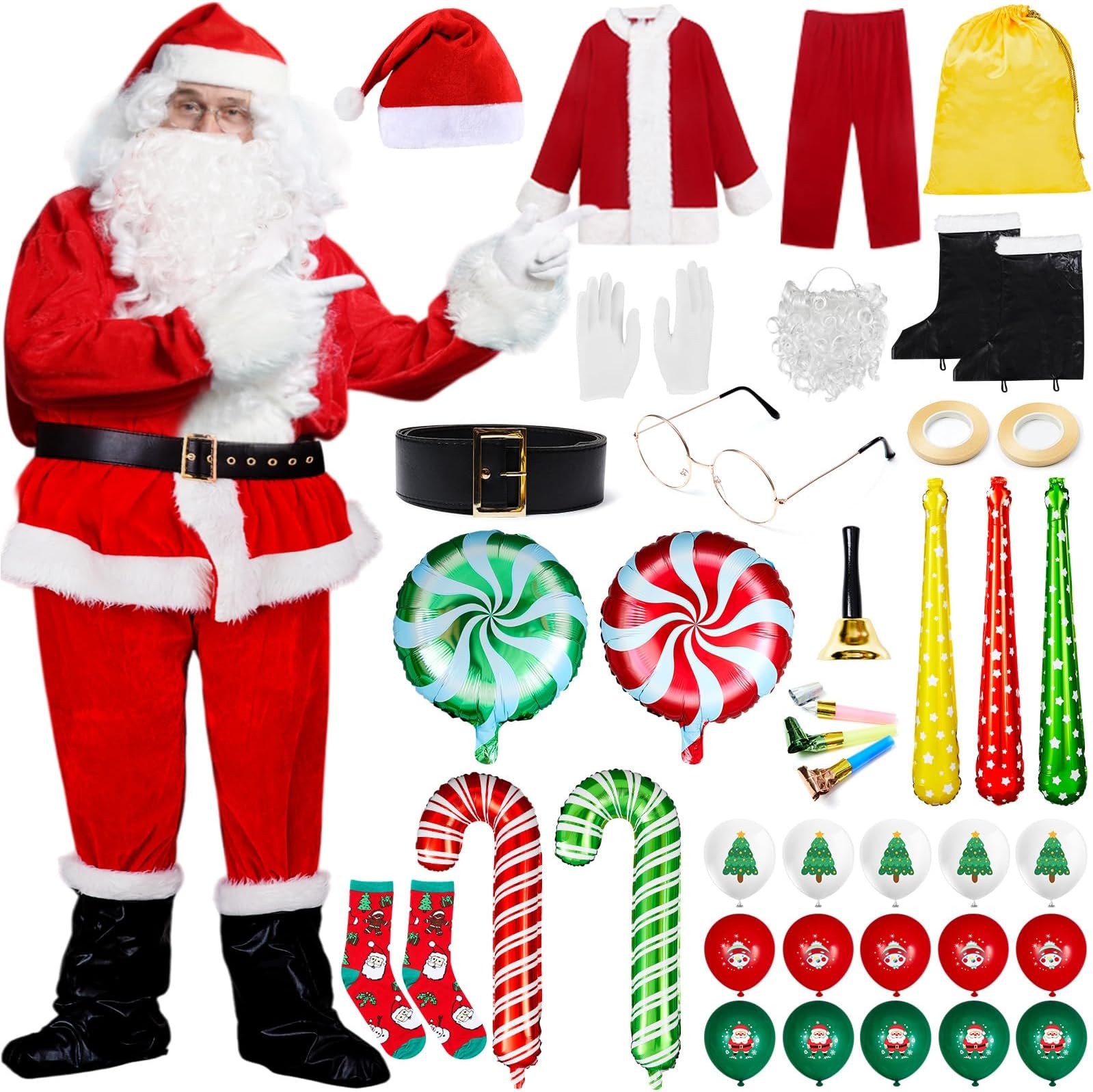 Mepase 36 Pcs Christmas Santa Claus Costume Accessory for Men Adult Santa Suit Santa Claus Outfit