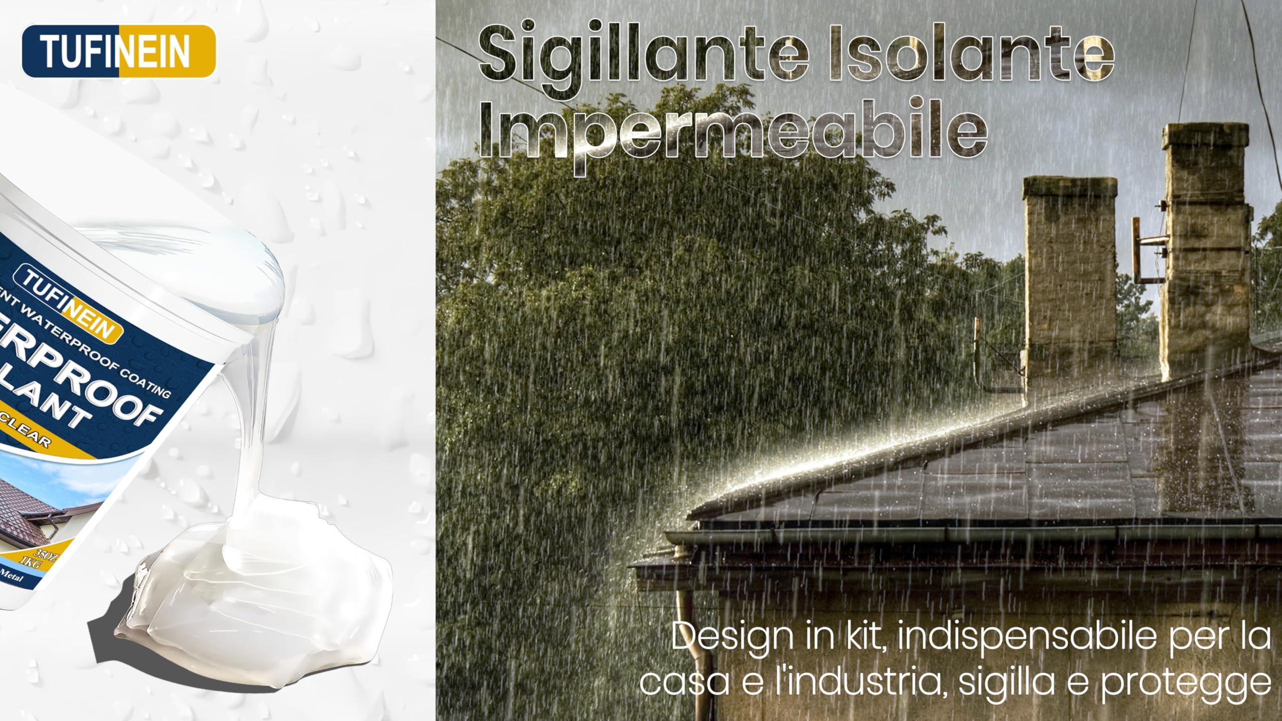 Sigillante Impermeabile Liquido 1KG, TUFINEIN Rivestimento Impermeabile Trasparente Impermeabilizzante Trasparente Guarnizione di Perdite, Interno ed Esterno Colla Impermeabile