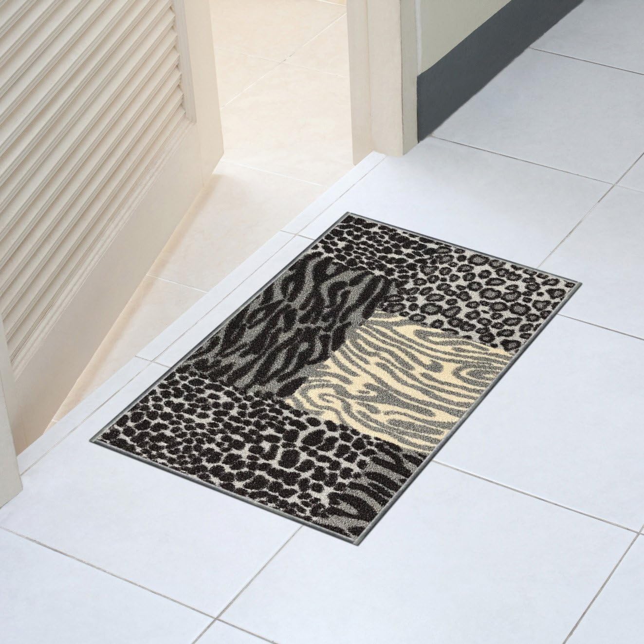 Rubber Backed 31" x 72" Grey & Ivory Fancy Patchwork Wide Runner Non-Slip Rug - Rana Collection Kitchen Dining Living Hallway Bathroom Pet Entry Rugs RAN2074-26