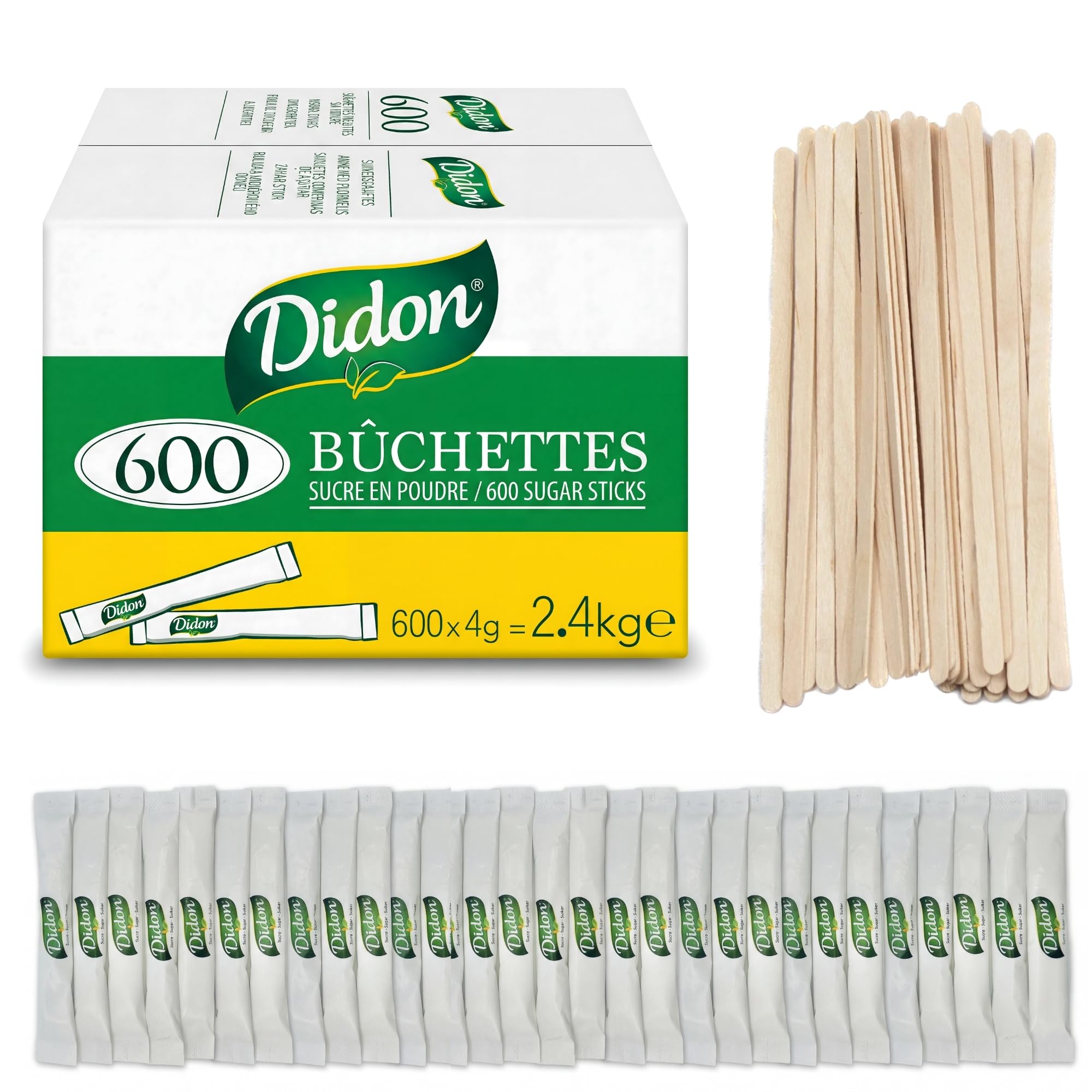 DIDON Sucre 2.4 KG – Lot de 600 sachets - Bûchettes de Sucre Individuels de 4g avec un lot d'agitateurs en bois - Pour les Boissons Chaudes, Cafés et Thés