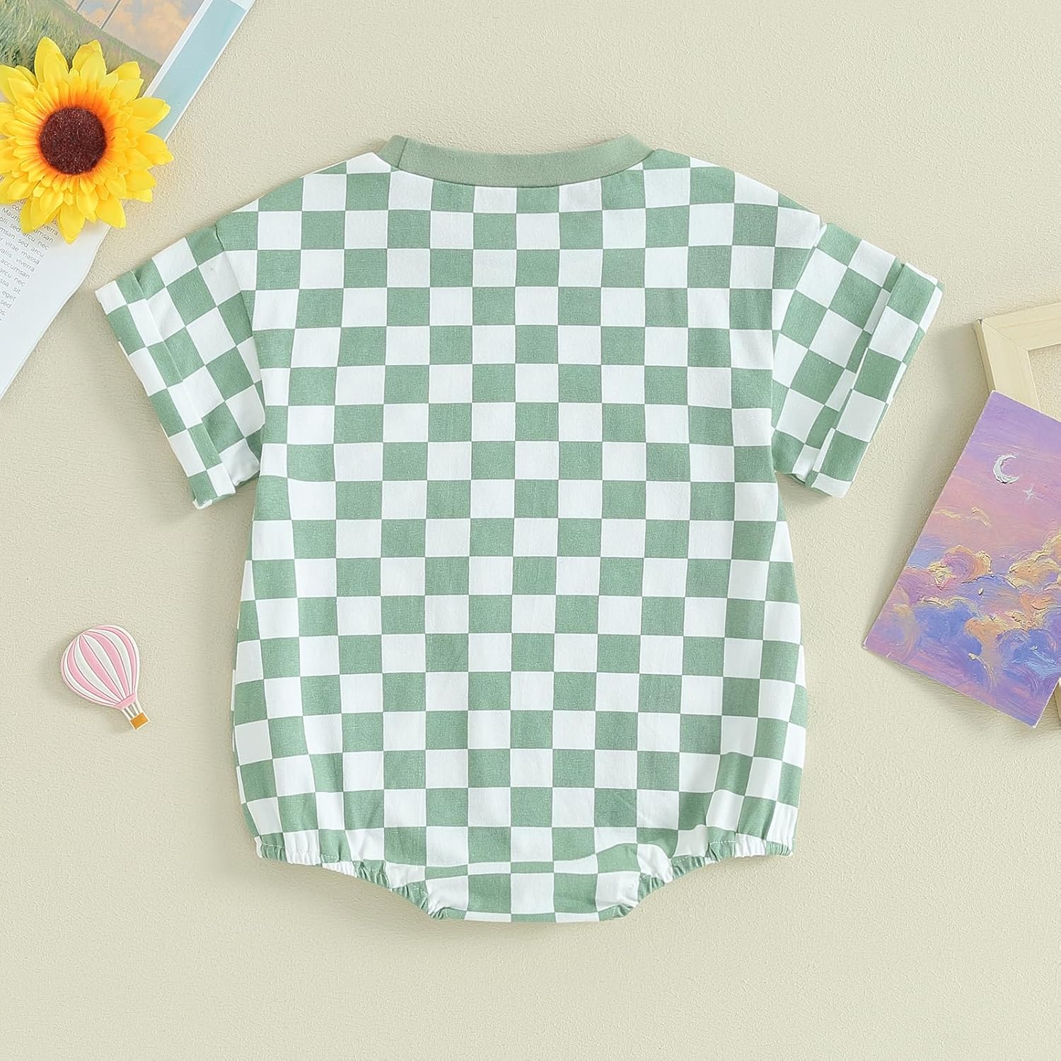 Karuedoo Newborn Baby Boy Girl Clothes Checkered T-Shirt Bubble Romper Oversized Short Sleeve Onesie One-Piece Summer Outfit - Image 4