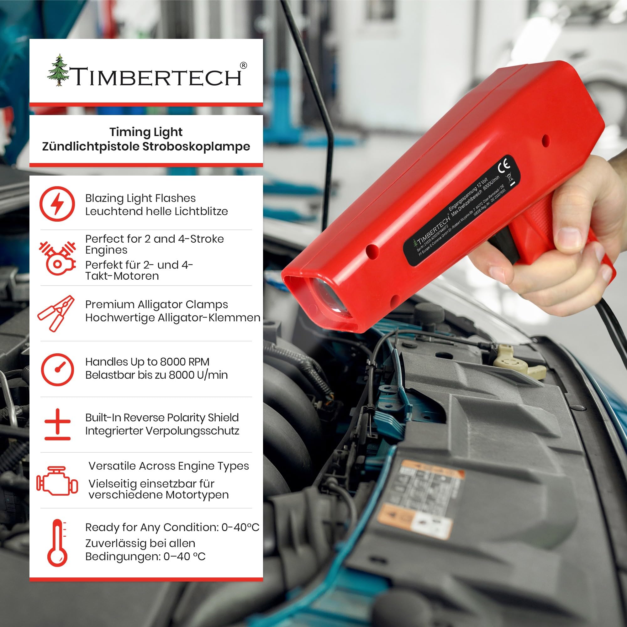 TIMBERTECH® Pistola d'Accensione - 12 V, 10 W, 8000 giri/min, con 2 Morse Induttive a Coccodrillo, Luce Xenon - Pistola Stroboscopica, Timing Light, Strumento di Regolazione Anticipo, per Auto