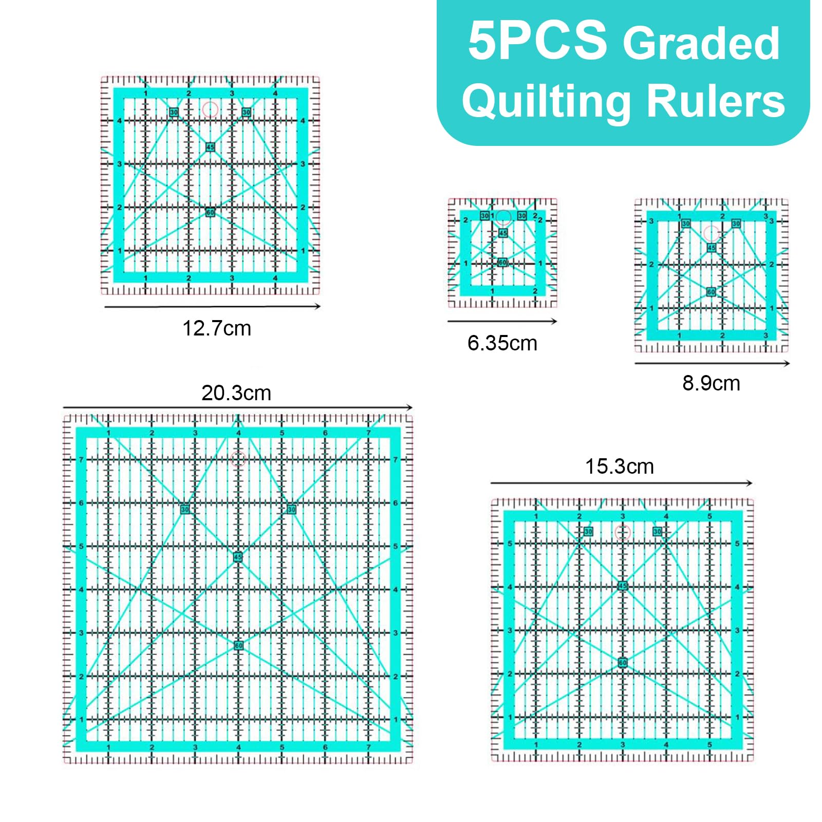 5 righelli quadrati grandi, per trapuntatura, patchwork, per cucito (6,3/8,9/15/15/15/20,3 cm)