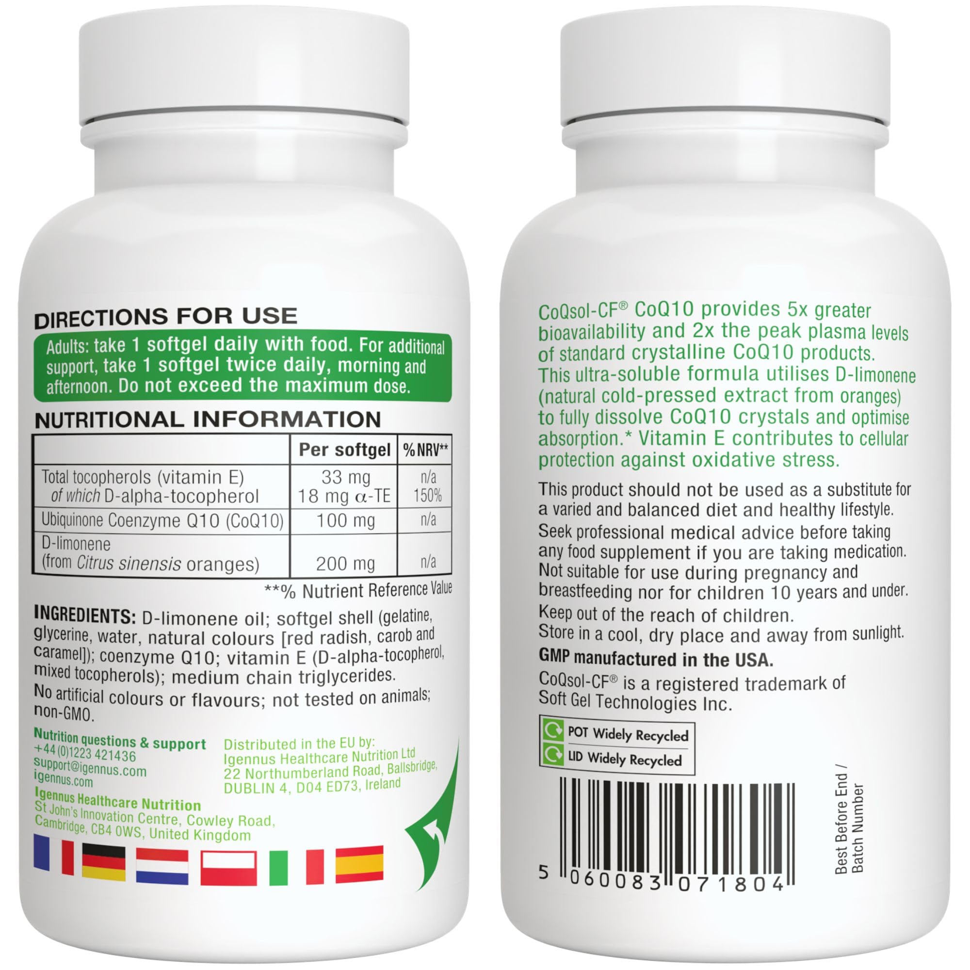 COENZYME Q10-120 Gélules, Ubiquinone à Haute Absorption, Enrichie en Vitamine E & D-Limonène, 5x plus Biodisponible, CoQ10, Formule ultra-soluble CoQsol-CF, Clean Label, 1-par-jour - par Igennus