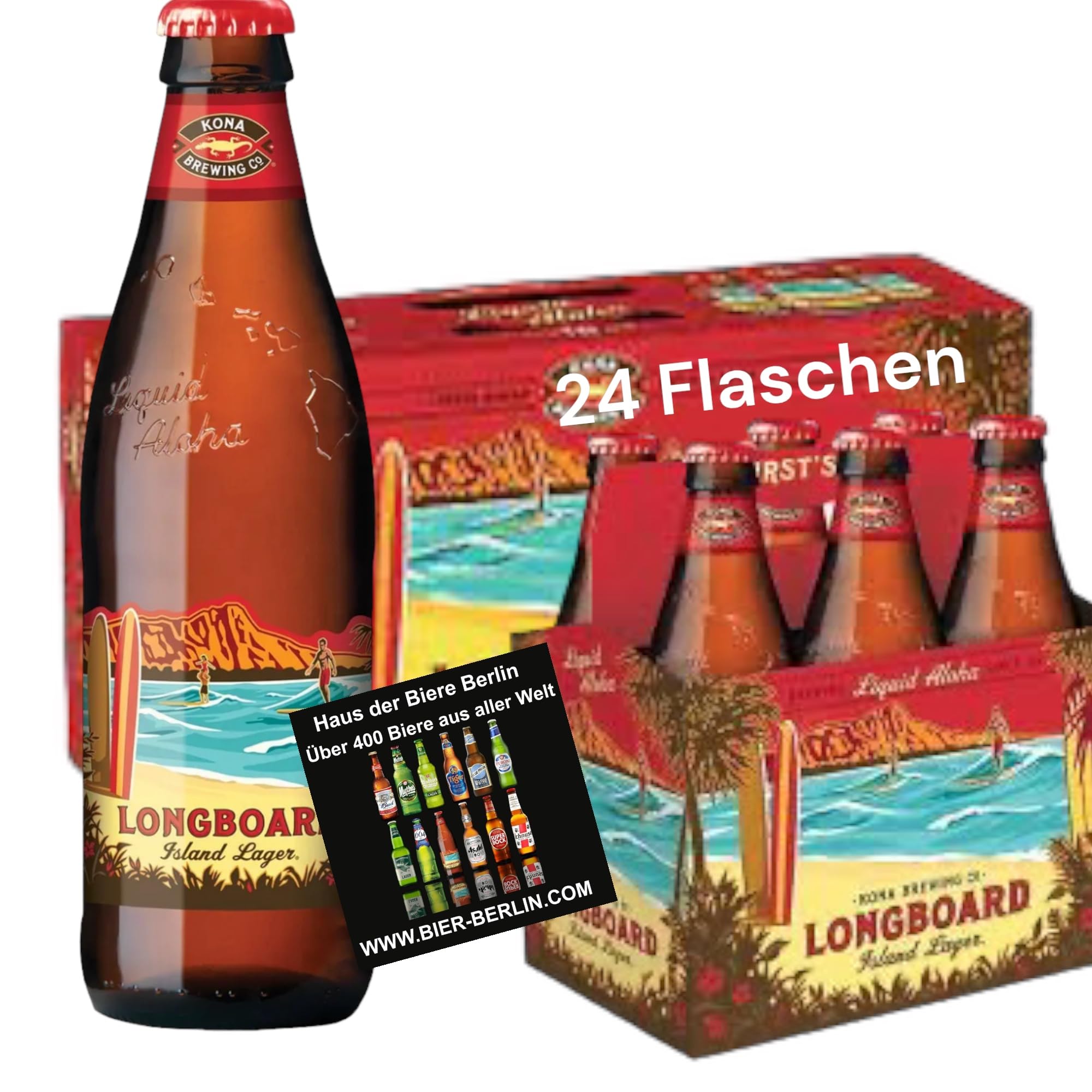 Kona Brewing Longboard Lager 24 Flaschen 0,355l aus Hawaii Alc 4,6 Vol. inkl. 6 EUR Pfand inkl. original Bierdeckel Haus der Biere Berlin