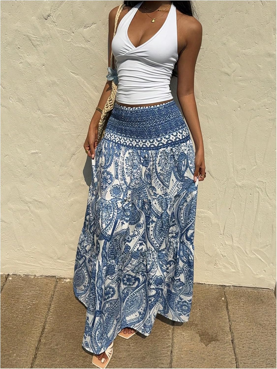 Milumia Women's Paisley Print Flowy Maxi Skirts Boho Shirred Long Skirts Beach Vacation - Image 3