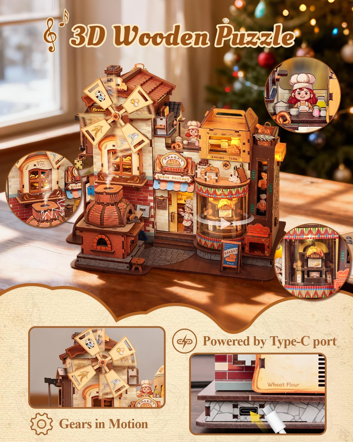 CUTEBEE Operacyjny Domek dla Lalek DIY Mechaniczny Miniaturowy Dom z Muzyką,Pyszne Wypiekanie Chleba,Deko do Półki na Książki,Prezenty(Bread Factory)
