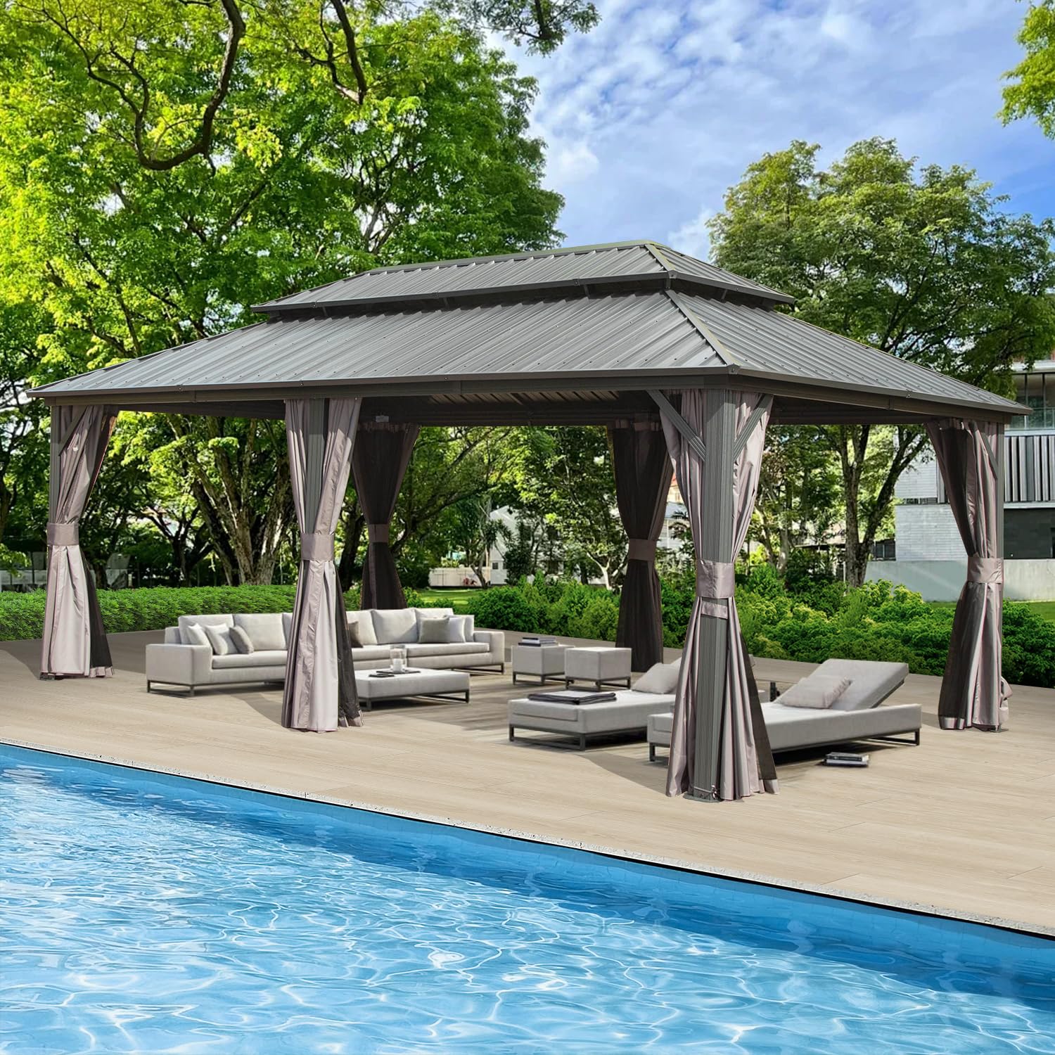 Domi Hardtop Gazebo 12x18FT, Aluminum Metal Gazebo with Galvanized Steel Double Roof Canopy, Curtain and Netting, Permanent Gazebo Pavilion for Patio,