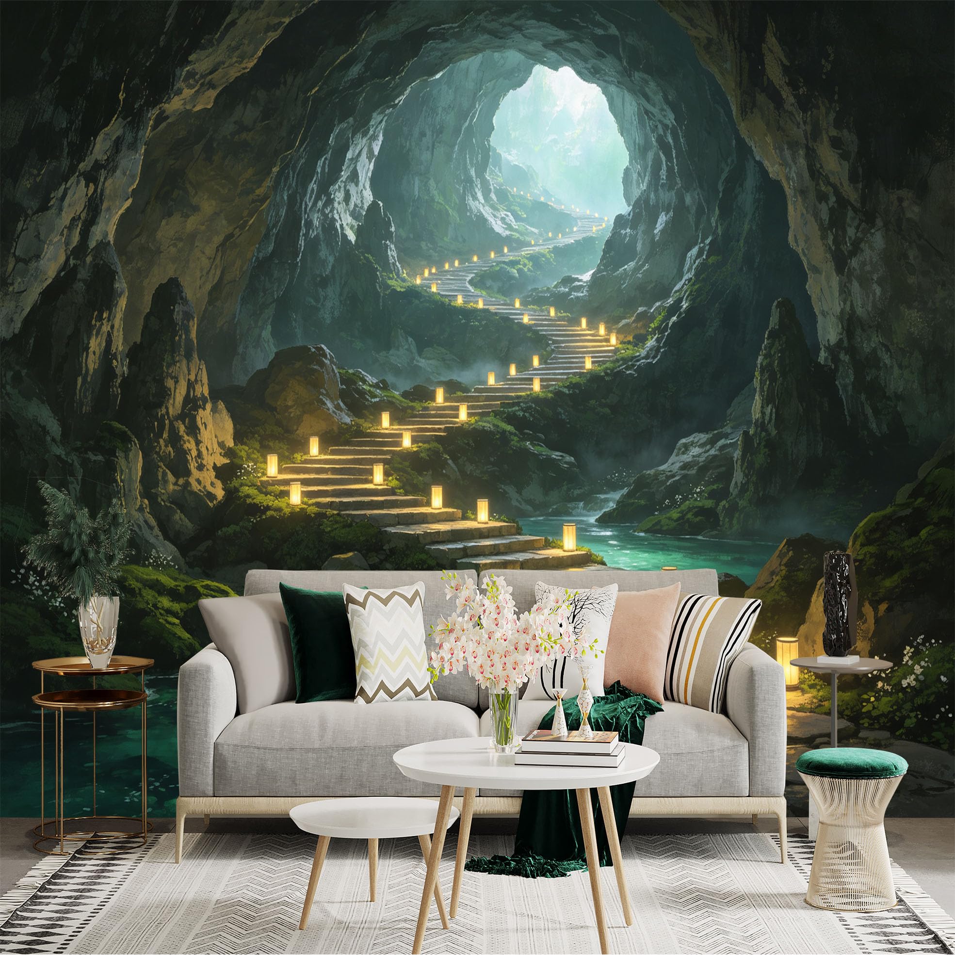 Custom Size Wall Sticker Mural， Enchanted Stone Staircase in Cave， Luminous Lanterns and Underground River， for wall Decoration， peelandstick wall Decals.
