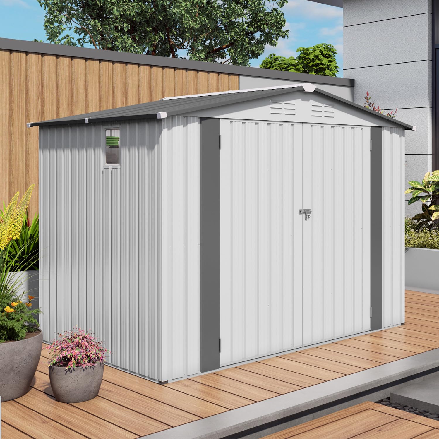 8x6 FT Metal Outdoor Storage Shed with Lockable Door and Window, Waterproof Garden Tool Shed with Pitched Roof for Backyard, Patio, Lawn, Bike and Equipment Storage(White, Gray)