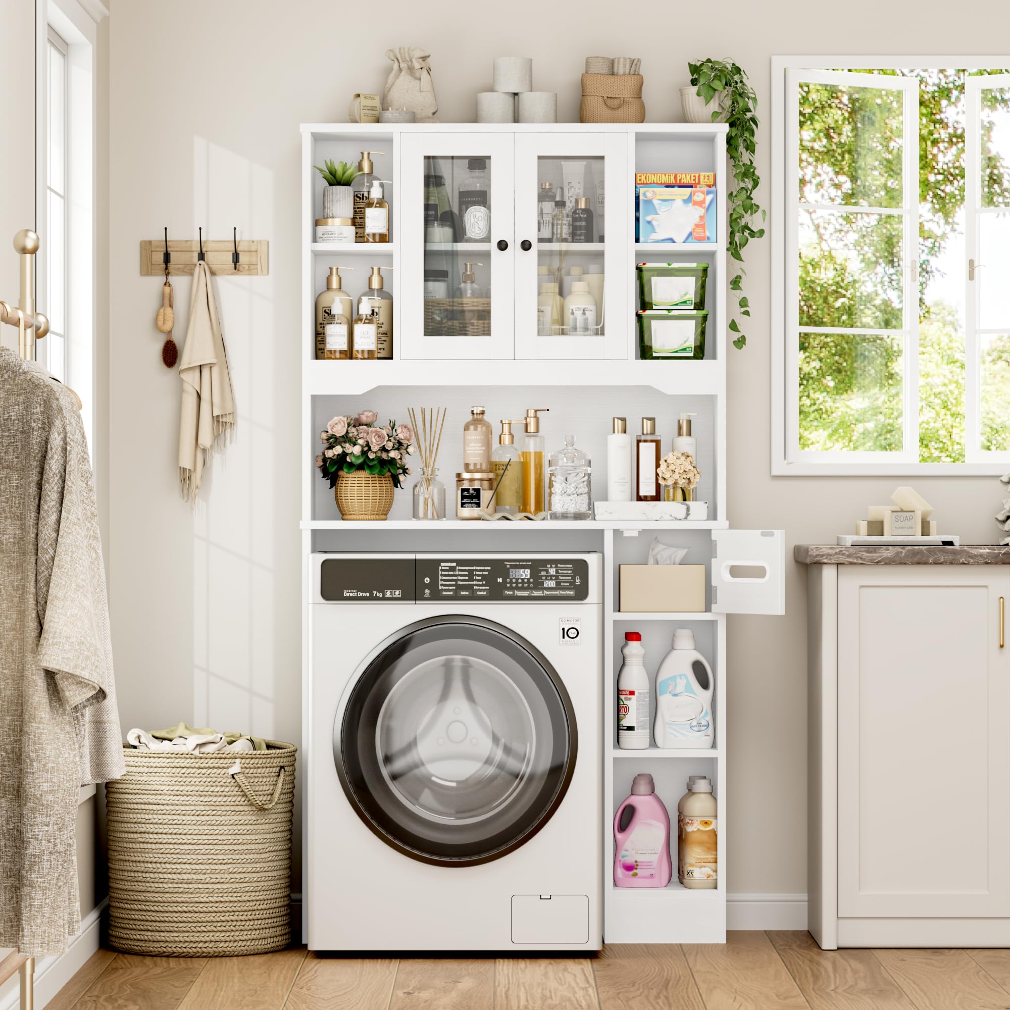 FOREHILL Mobile Lavatrice con 2 Ante, Mobile Sopra WC a 7 Scomparti Aperti e Porta Fazzoletti, Scaffale Sopra Lavatrice a Ripiani Regolabili, Mobiletto Asciugatrice, 89x20x173cm (Bianco)