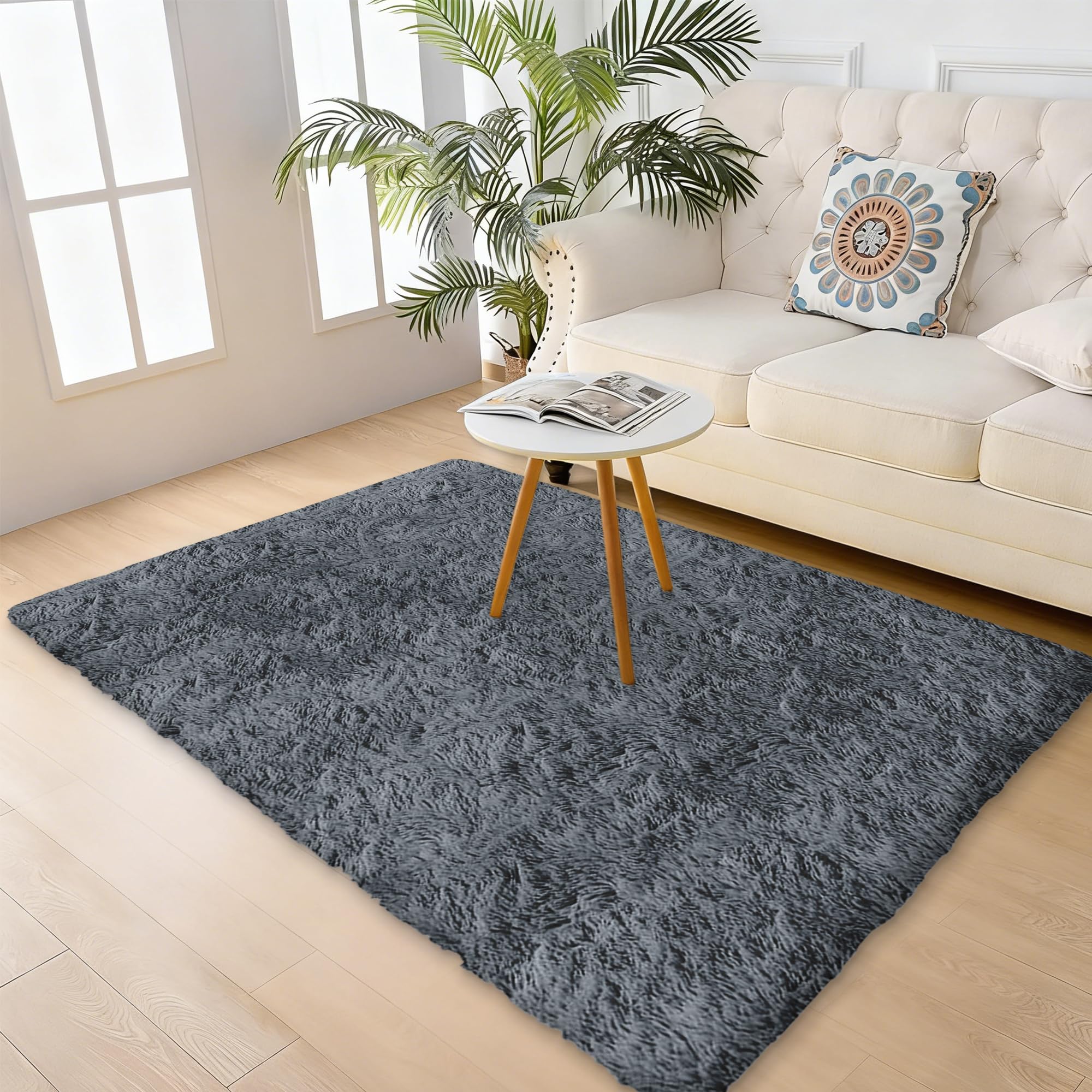 Tapis Moderne 260 x 280 cm Moelleux Tapis Chambre Lavable Antidérapant pour Chambre à Coucher, Salon, Crèche, Gris Foncé