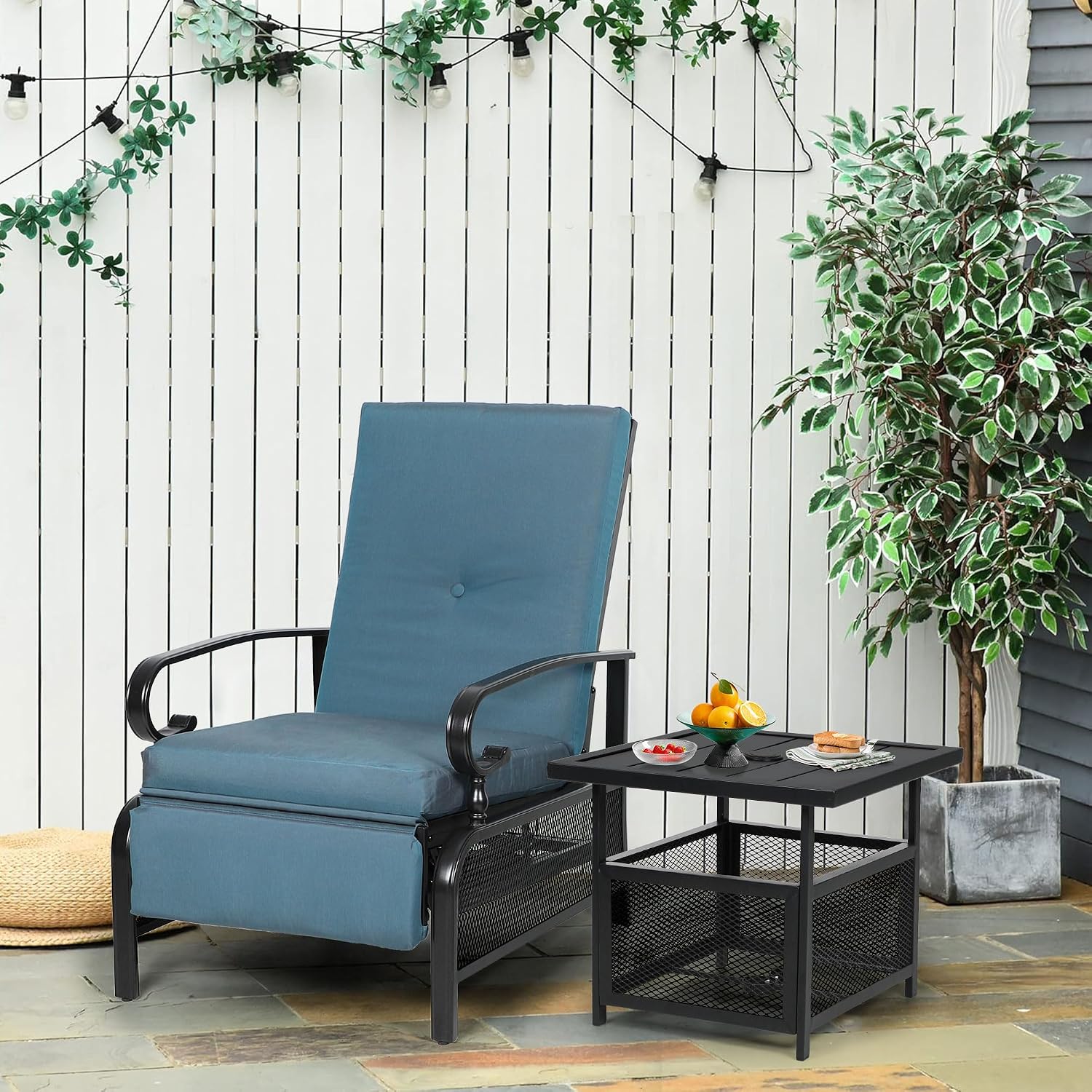Oakcloud Adjustable Outdoor Lounge Chair Metal Patio Relaxing Recliner Chair Set with Bistro Table and Removable Cushions(Peacock Blue)