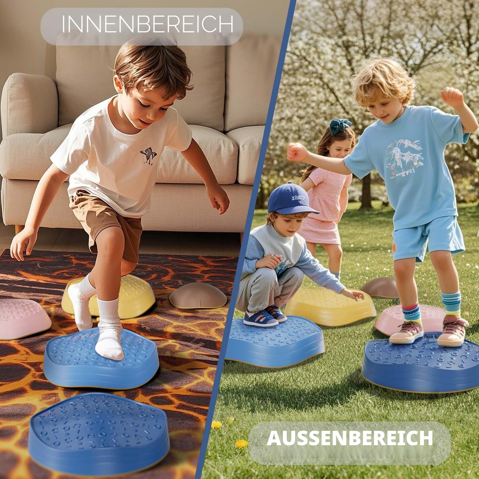 KidBloom Balanciersteine für Kinder, Geschenk Mädchen & Junge 2 3 4 5 Jahre | Rutschfest,5 Stapelsteine, Wasserdichte Tasche, Gartenspielzeug, Sensorik Spielzeug, Ab 2 3 4 5 Jahre