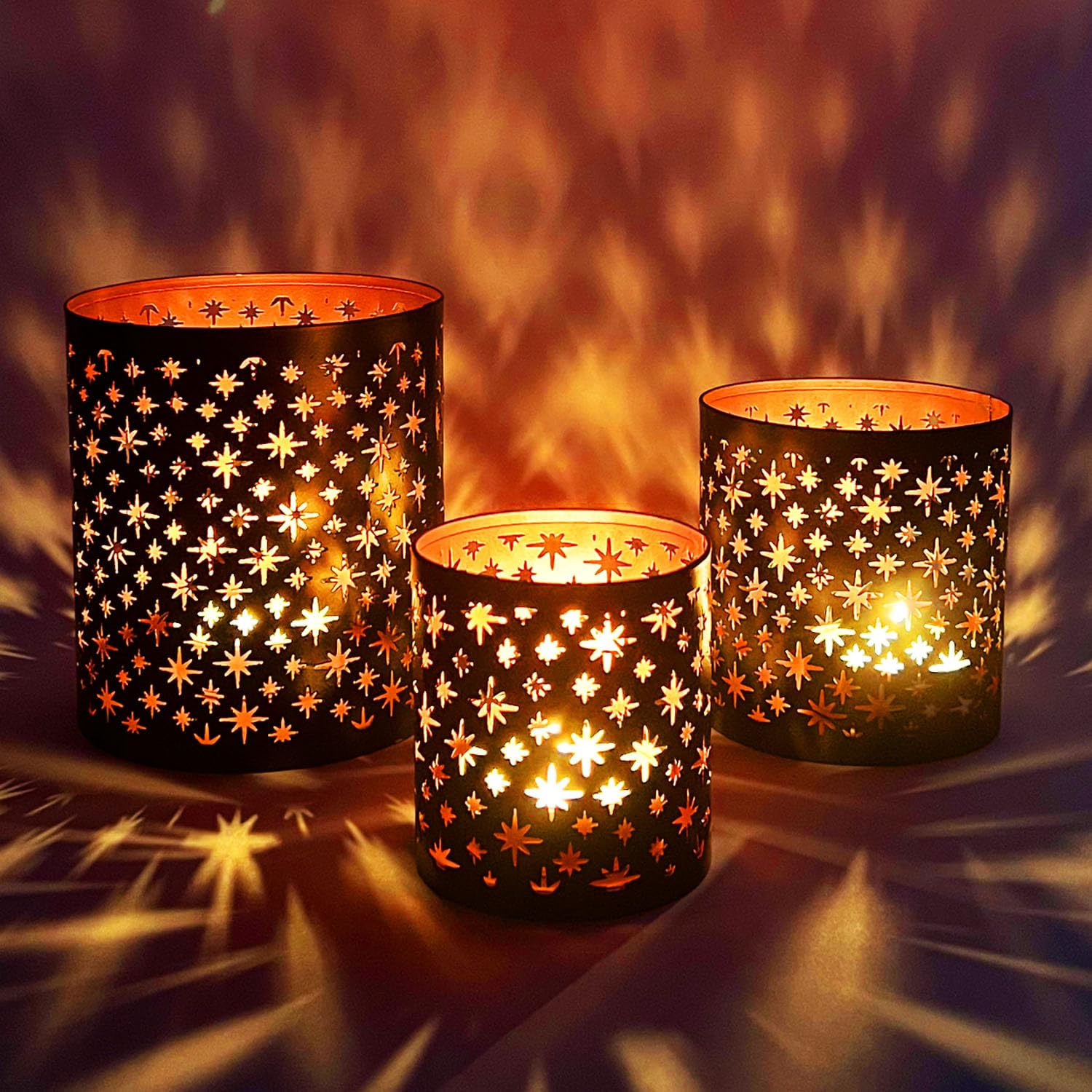 MARRAKESCH Juego de 3 portavelas de 14 cm grandes de metal, portavelas oriental de cobre negro y hammam como decoración de mesa