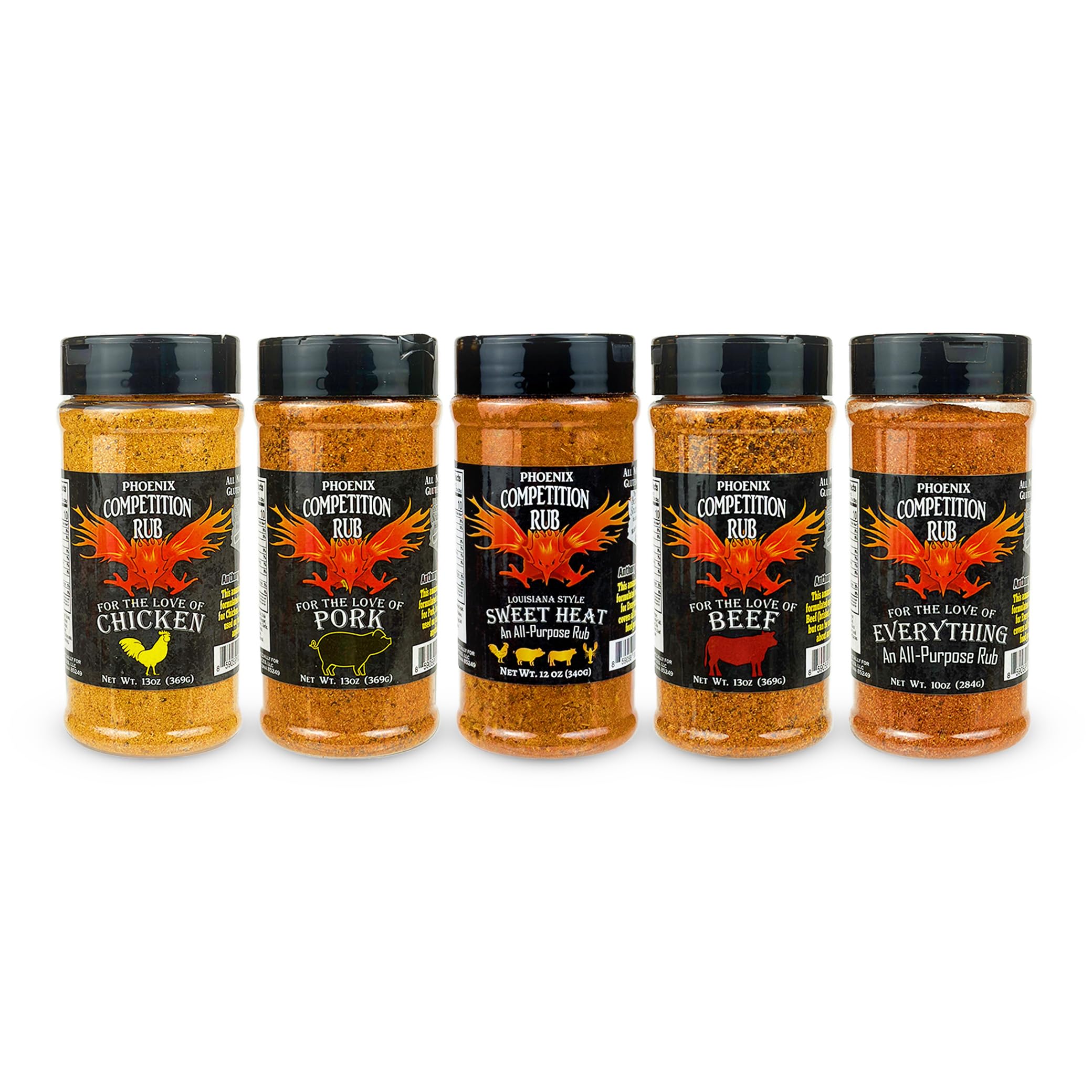 Anthony Spices - Competition Rub 5-Pack. This package includes Anthony Spices Competition Chicken, Pork, Beef, Sweet Heat, and Everything Rubs, each crafted to enhance the natural flavors of your meats while adding a unique touch of spice or sweetness. You get all five flavors.