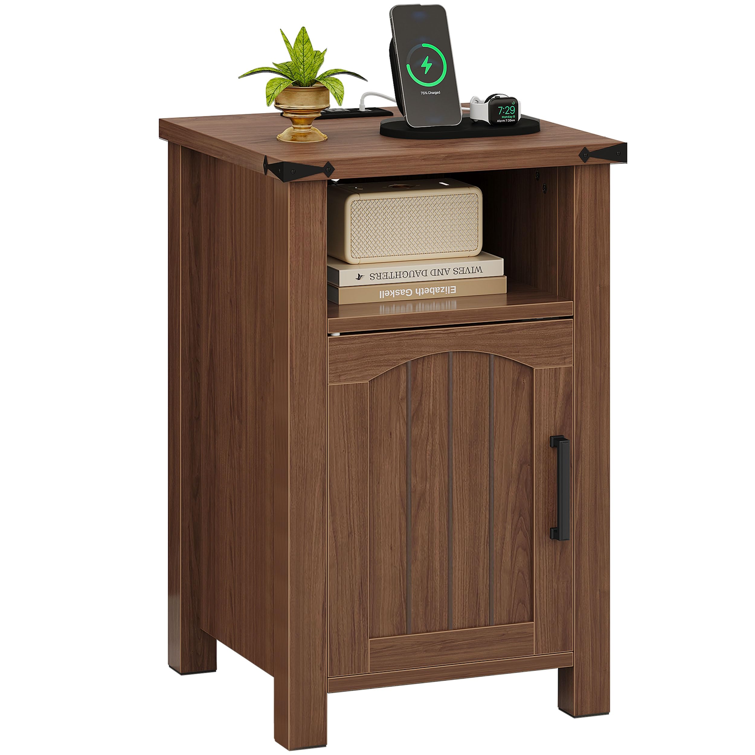 Farmhouse Nightstand with Charging Station, End Table with USB/Type-C Ports and Power Outlets, Rustic Bedside Table with Large Storage and Open Shelf,