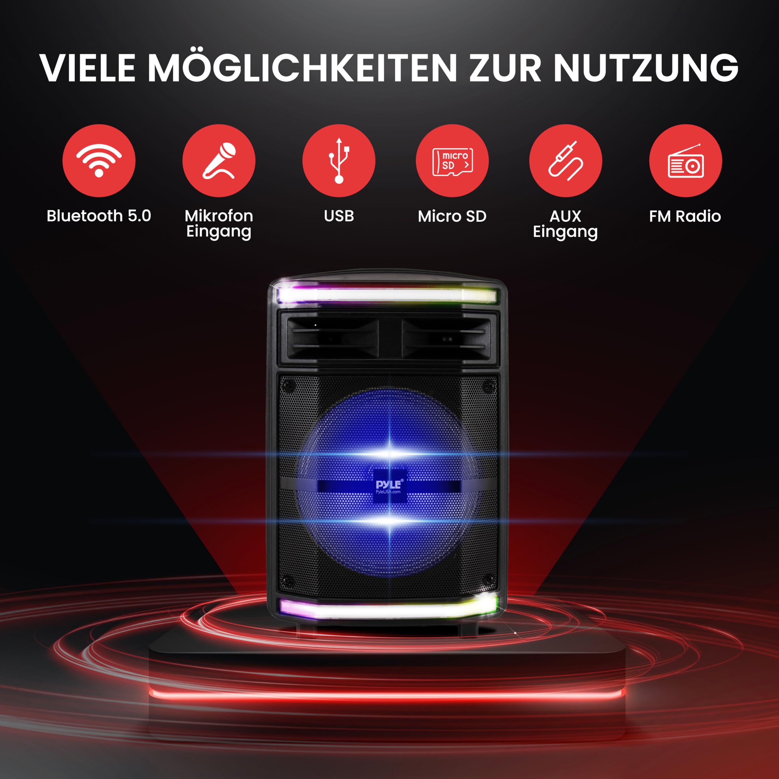 Pyle Partybox, 600W Bluetooth Lautsprecher Groß, Tragbare Musikbox mit Griff & Rollen, 10" Subwoofer & Akku, Karaoke Box mit LED Lichtern, USB/SD/MP3, für Party, Outdoor, Events & DJ