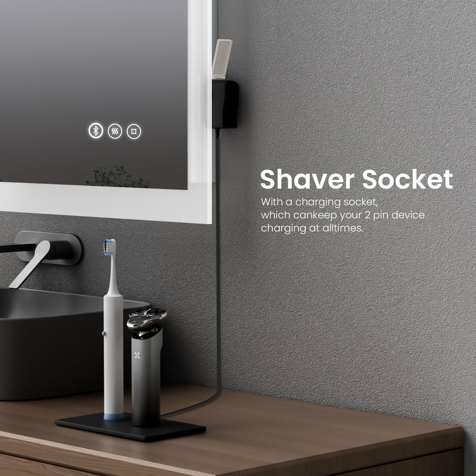EMKE Espejo de baño Bluetooth con Enchufe para afeitadora, 450 x 600 mm, Espejo de baño Iluminado con Ambiente Azul con 3 Tonos de Color, Regulable, función de Memoria, antivaho montado en la Pared