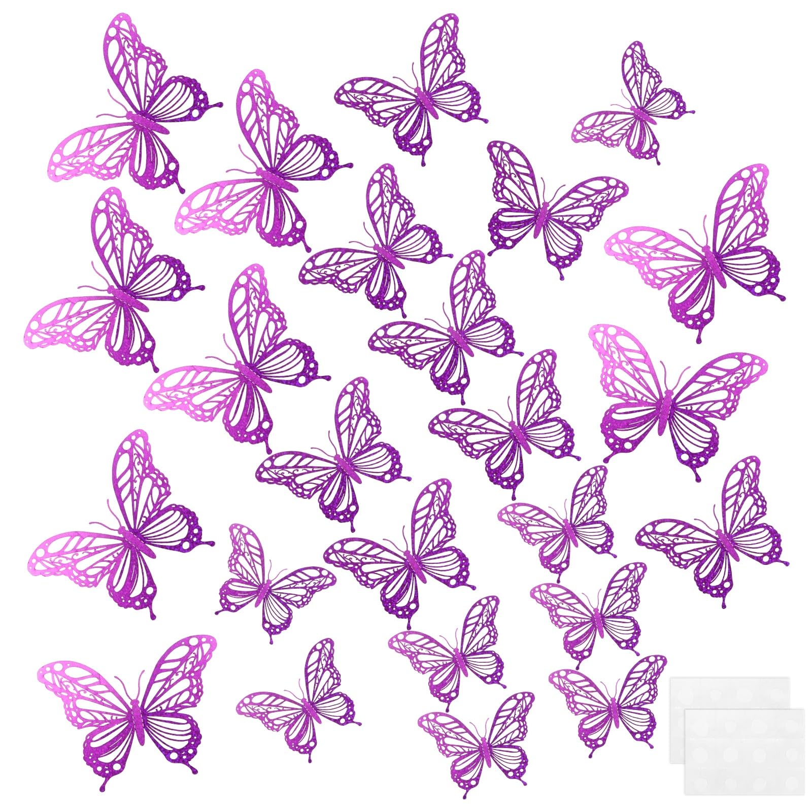 M METERXITY 24 Pack Butterfly Wall Decor, Hollow 3D Butterflies Stickers Wall Art, Removable Stickers Decorations for Christmas Birthday Wedding Party [Purple Polka Dot, 3 Size]
