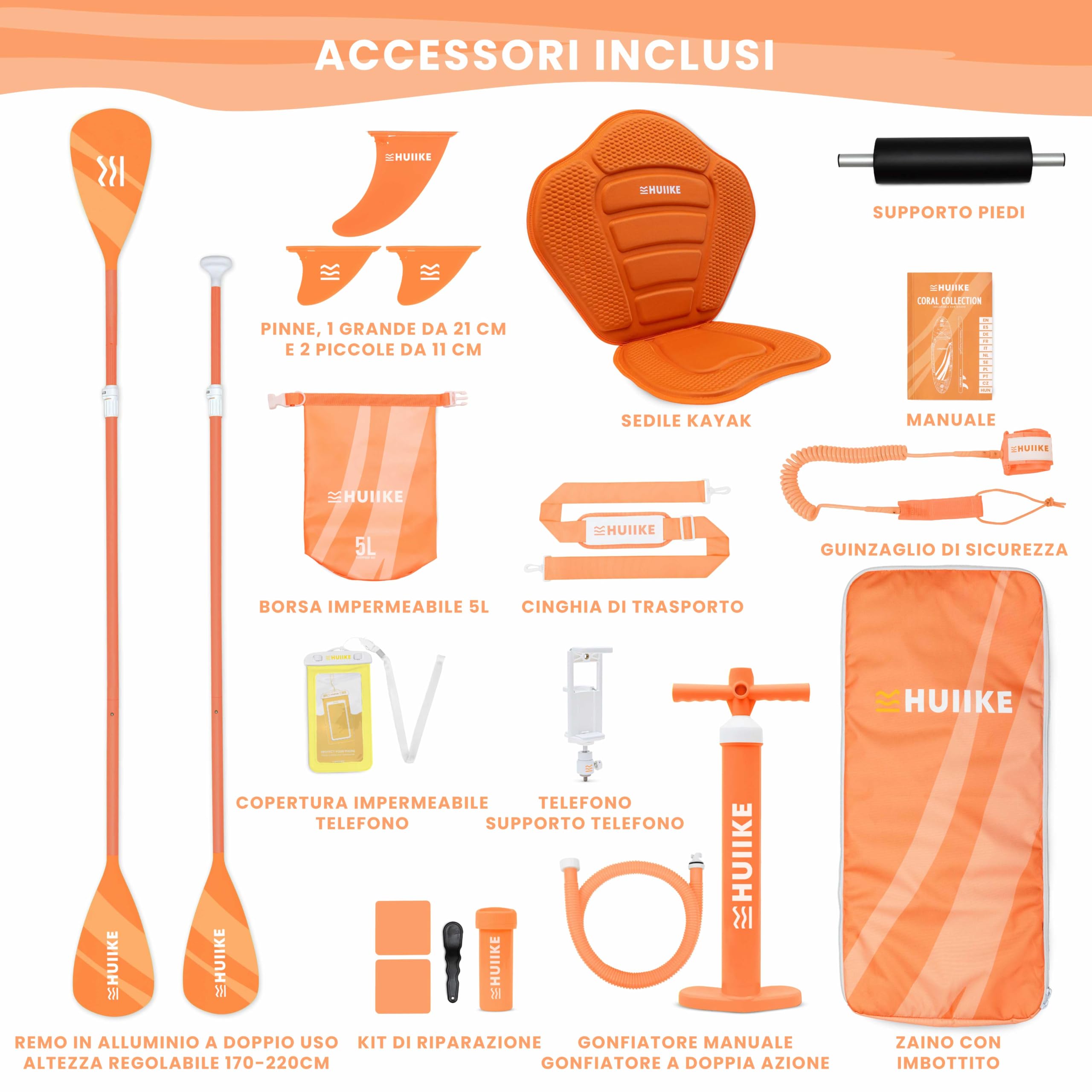 HUIIKE Tavola Sup Gonfiabile Adulti con Accessori Inclusi, Pagaia, Pinne, Pompa. Stand Up Paddle Board con Grande Stabilità e Resistenza. 305 x 84 x 15 cm, Carico Massimo 130 kg