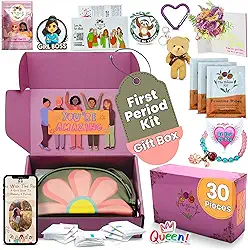 The Bloom Kit de primeira menstruação para meninas 9-10-12-14 para escola, kit menstrual para iniciantes para adolescentes inclui saco de armazenamento de guardanapo sanitário, almofadas, lenços,