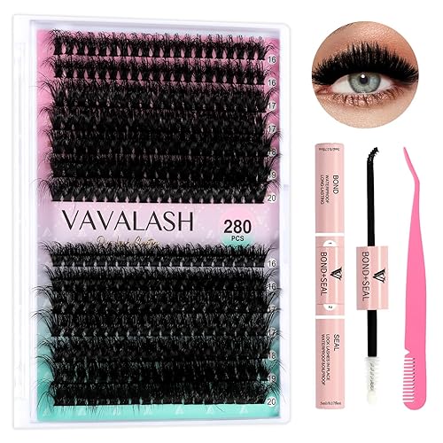 VAVALASH Kit de racimos de pestañas esponjosas 60D+80D de 16-20mm, pestañas individuales de volumen, adhesivo bond and seal, pinzas para extensiones