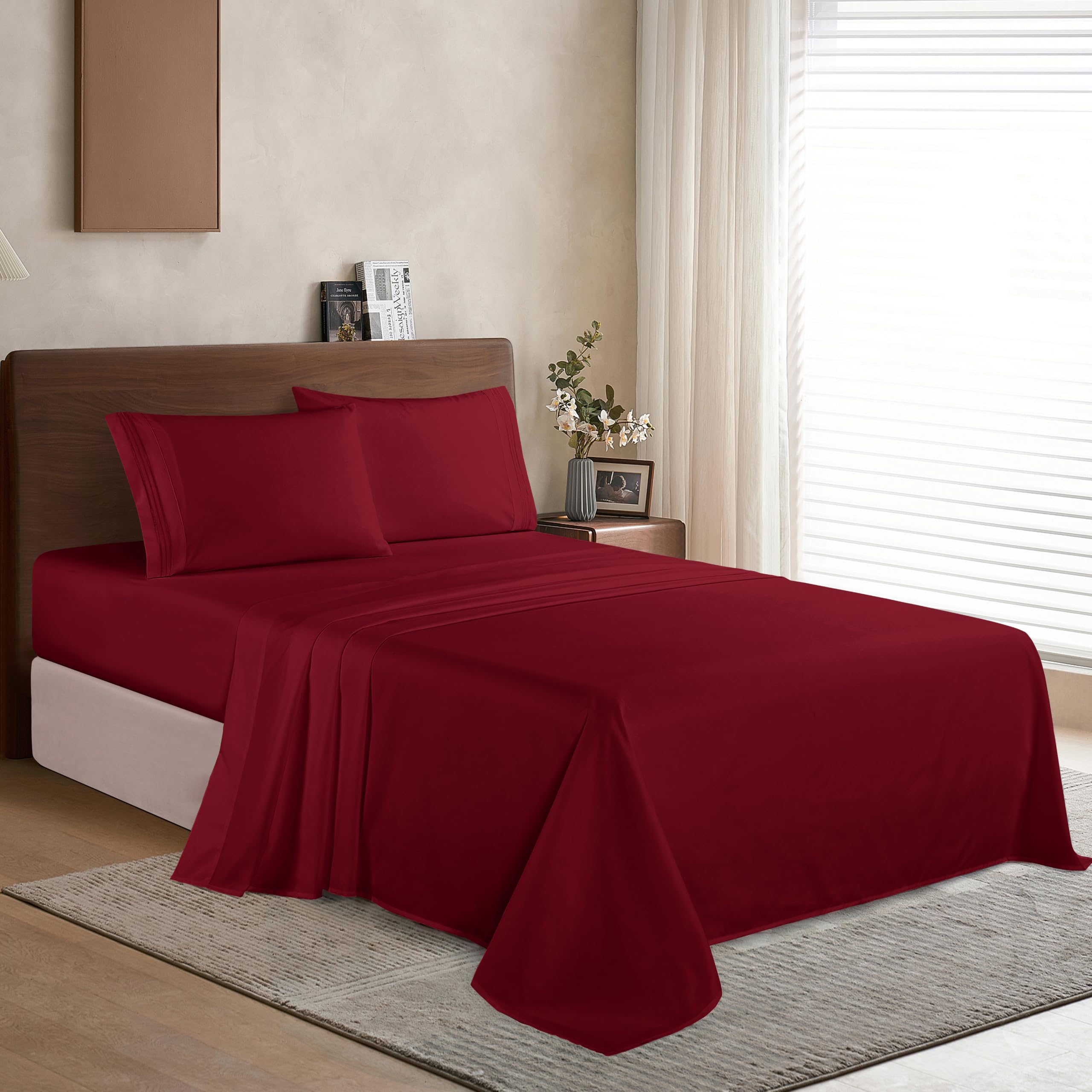 Elegant Comfort Lujoso Juego de sábanas de 4 Piezas de Calidad egipcia de 1500 Hilos, Resistente a Las Arrugas y a la decoloración, Bolsillo Profundo de hasta 16 Pulgadas, matrimonial, Burdeos