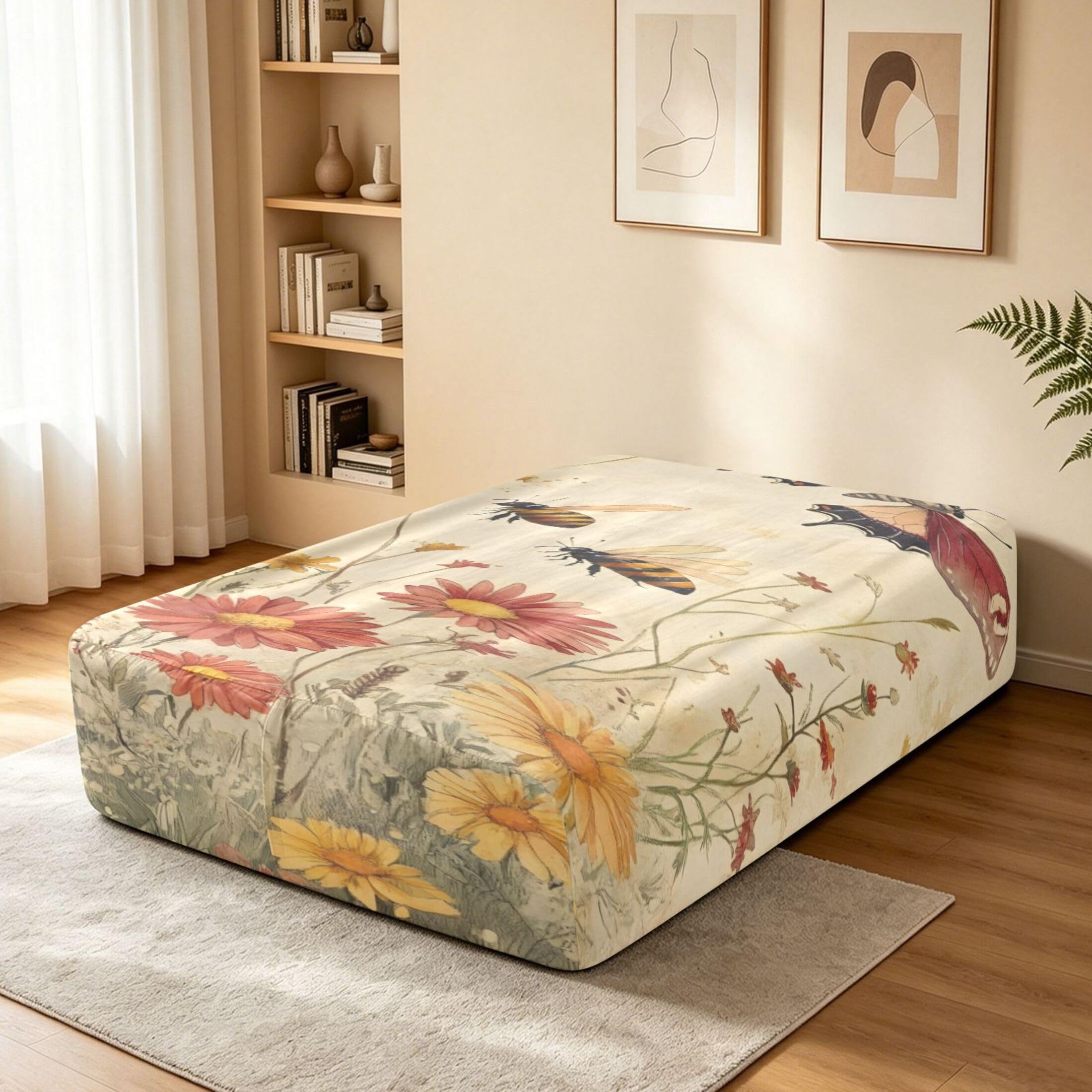 Sábana bajera ajustable de tamaño individual con diseño de mariposas vintage para colchón de aire, bolsillo extra profundo de 24 pulgadas, funda suave y transpirable con apertura de válvula