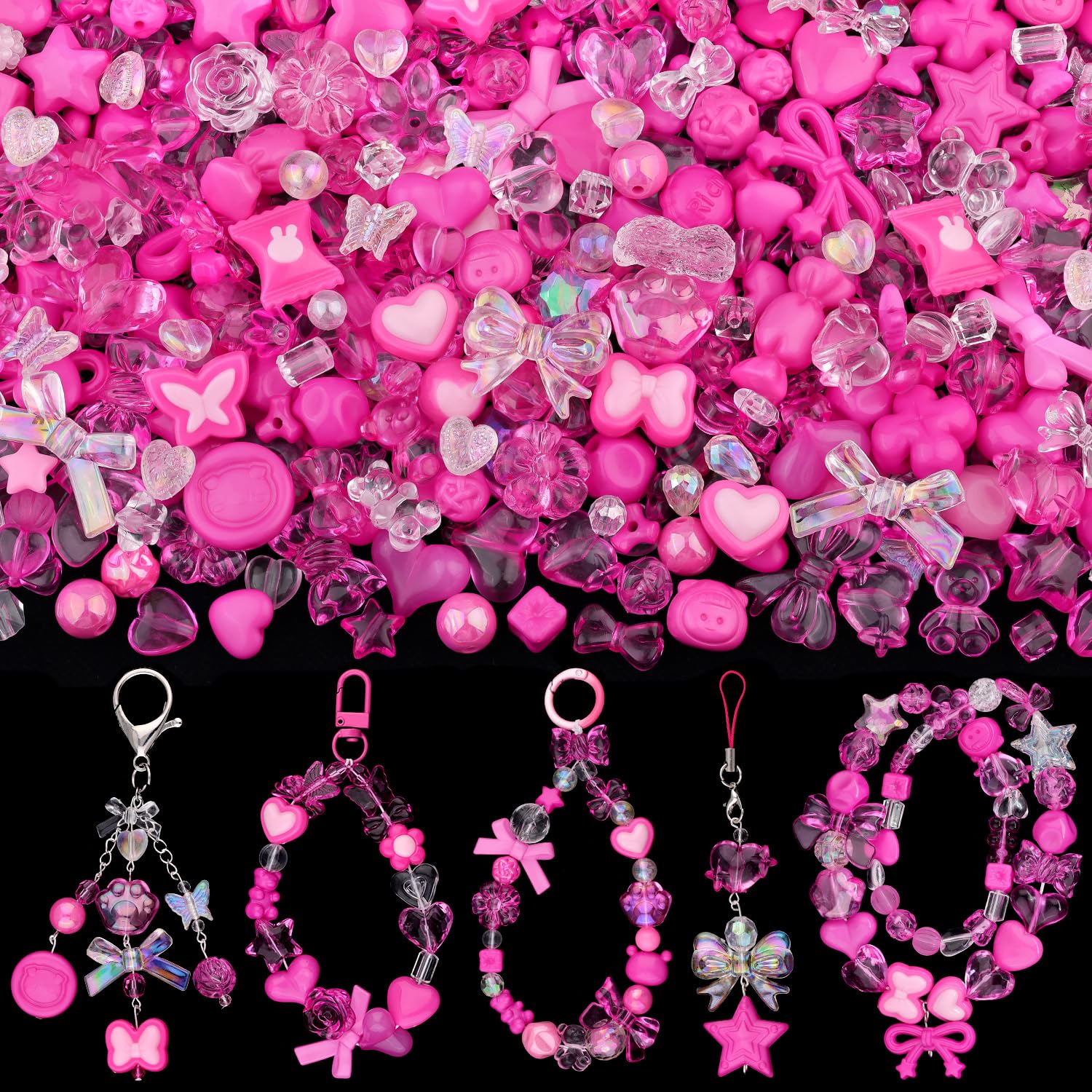 200-260PCS TINKRSTUFF Assorted Acrylic Beads Rose Pink Cute Beads for Bracelet Making, Bow Aesthetic GummyBear Flower Butterfly Kawaii Charms for