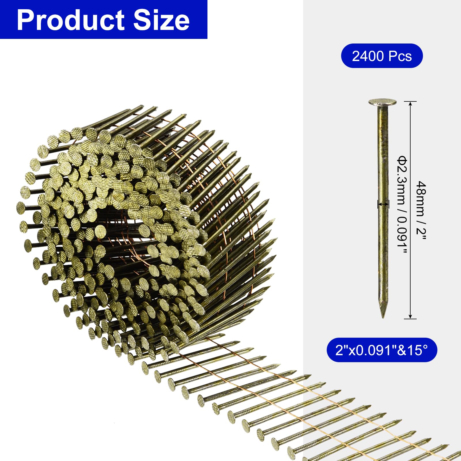 QUARKZMAN 2400 Clous Pour Bardage 2" x 0.091" A 15 Degres Avec Tige Annelée Tête Ronde Complète En Bobine Pour Lath And Sheathing Materials
