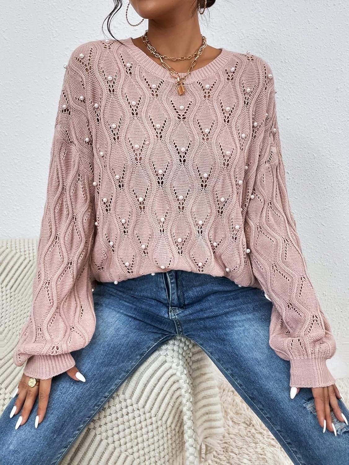 Women's Sweater Pearls Beaded Drop Shoulder Pointelle Knit Sweater Sweater for Women (Color : Dusty Pink, Size : Medium)