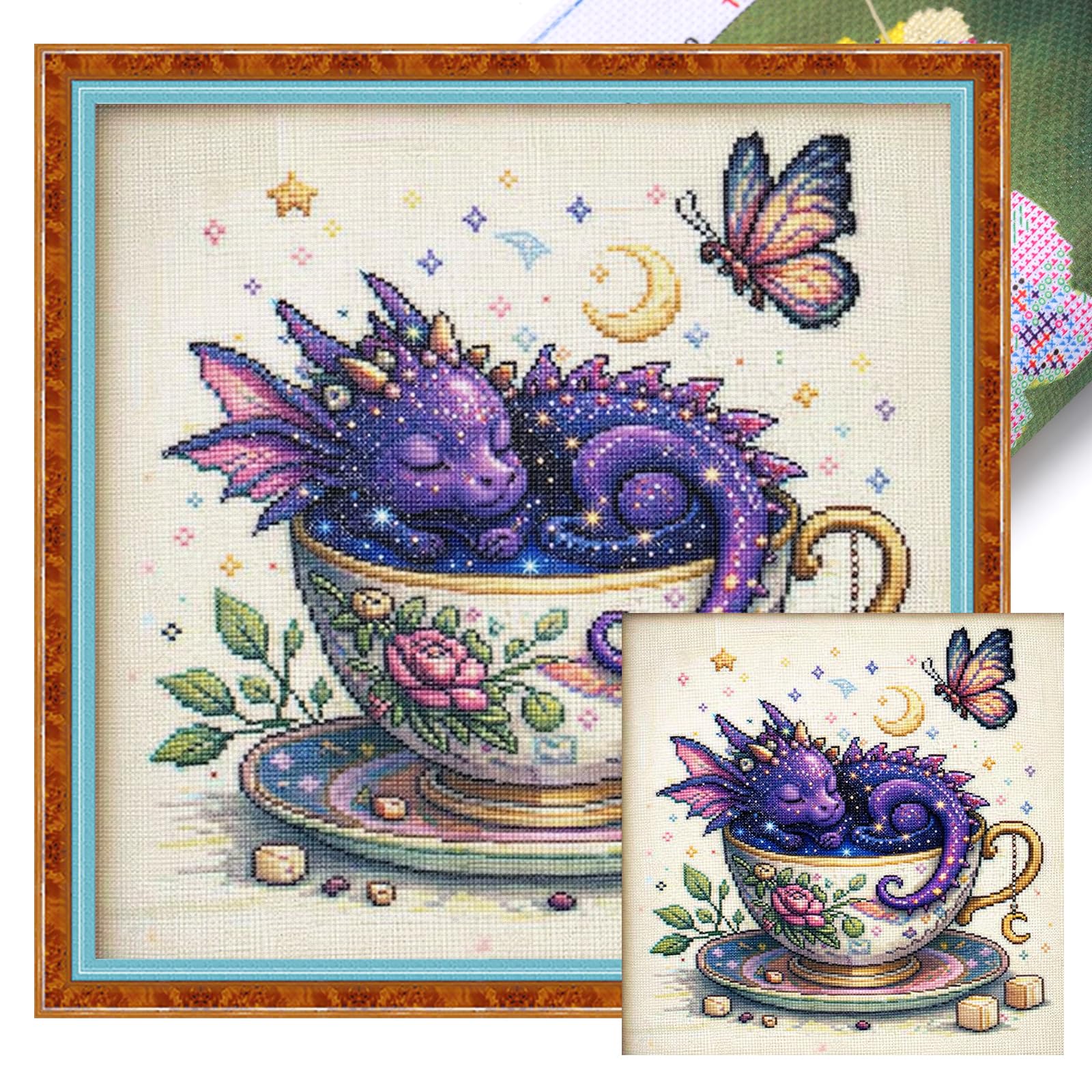 Teacup Purple Dragon Full 14CT 2 Strands DIY Stamped Cross Stitch Kits for Beginners Adults Home Wall Decor Cross Stitch Art and Crafts Kits 40x40cm