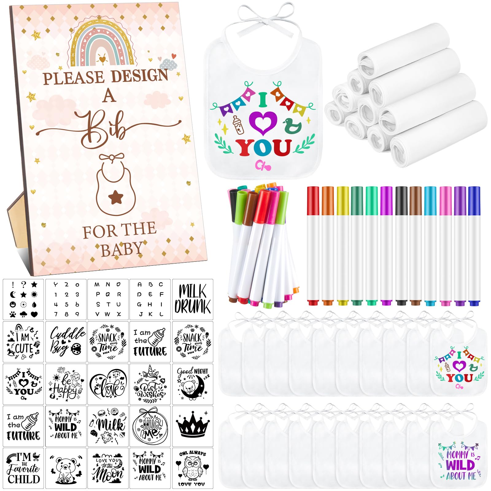 Panitay 100 Pcs DIY Baby Bibs Decorating Kit 50 White Bibs 25 Stencils 24 Fabric Markers 1 Baby Shower Game Sign