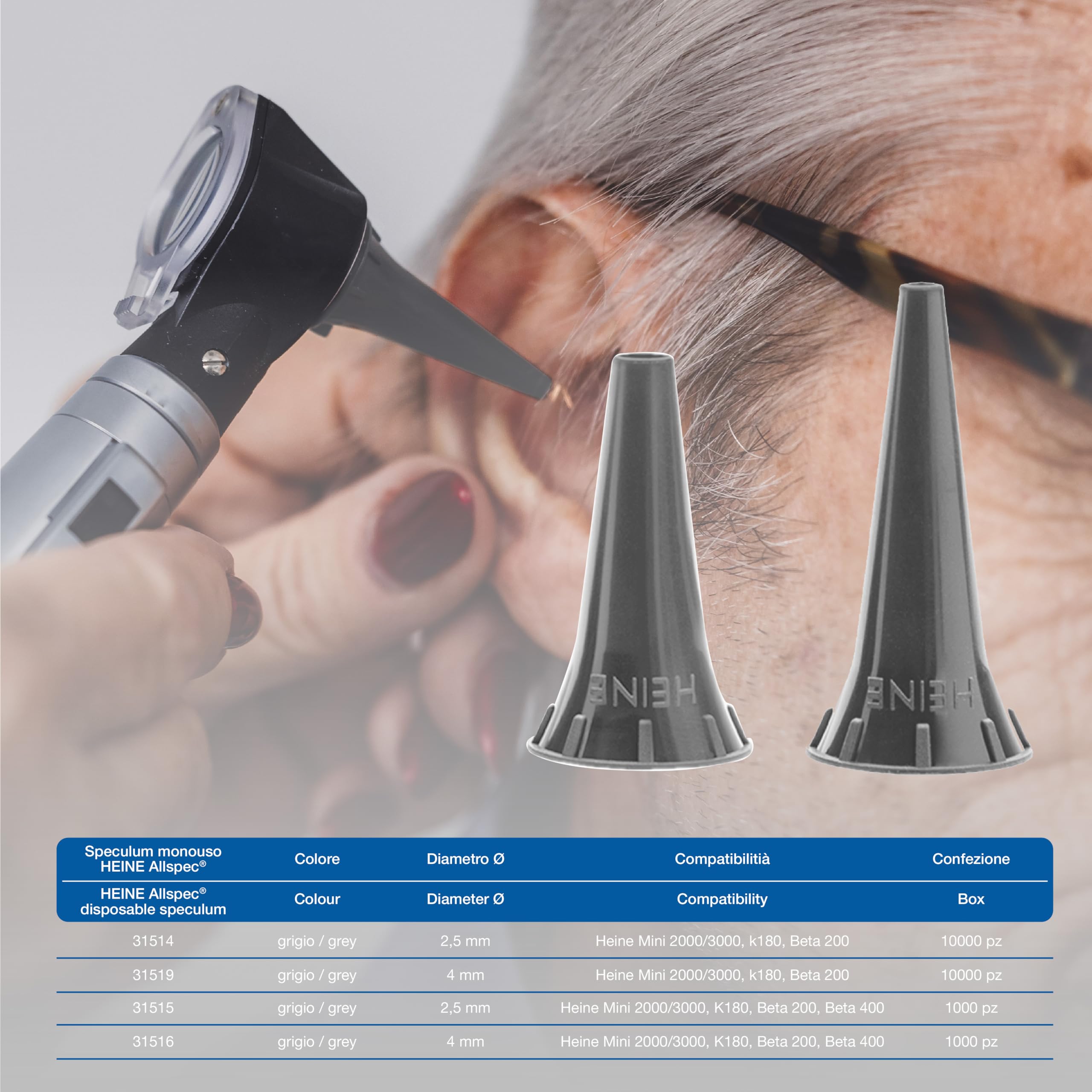 Heine allspec spéculums auriculaires de uso único 2,5 mm 100 piezas
