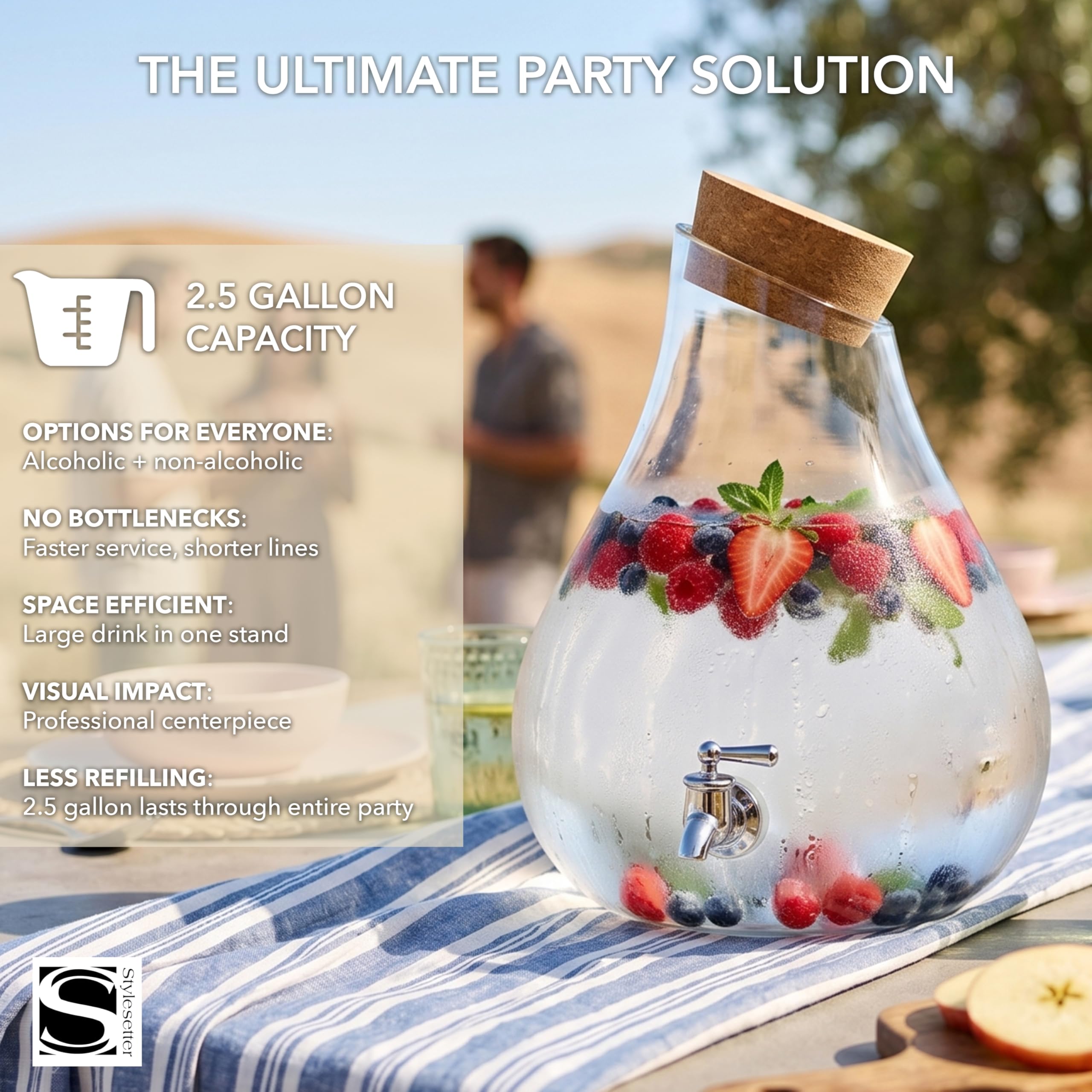 Style Setter Dispensador de bebidas frías de alta calidad con jarra de vidrio de capacidad de 2.5 galones, espiga acrílica a prueba de fugas en una hermosa caja de regalo, ideal para fiestas