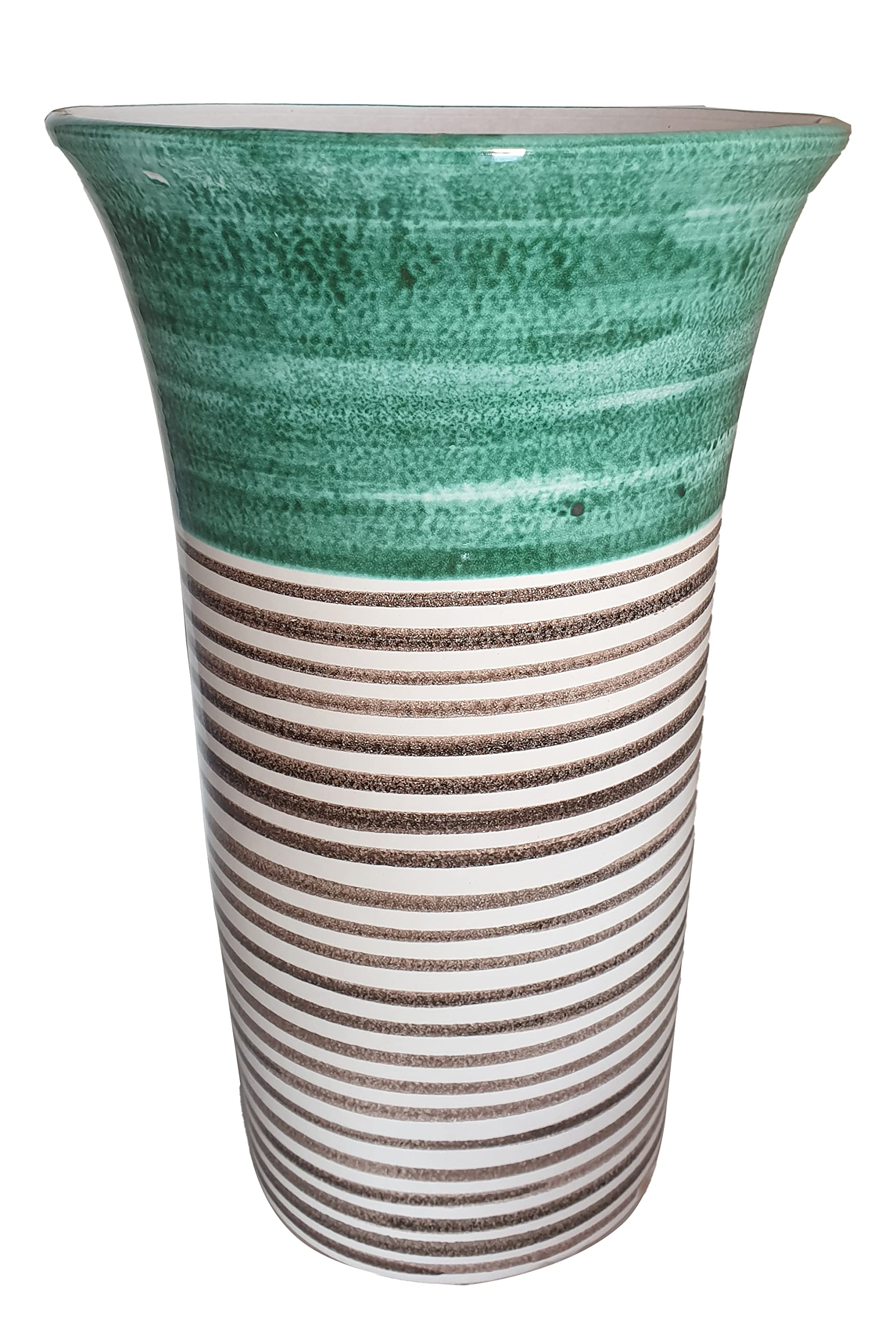 Ceramiche Angela Rinaldi – Portaombrelli Portafiori in Ceramica di Vietri Dipinto a Mano Maiolica Design Terracotta (Fascia Verde e Righe, Portafiori Altezza cm 26 Diametro cm 19)